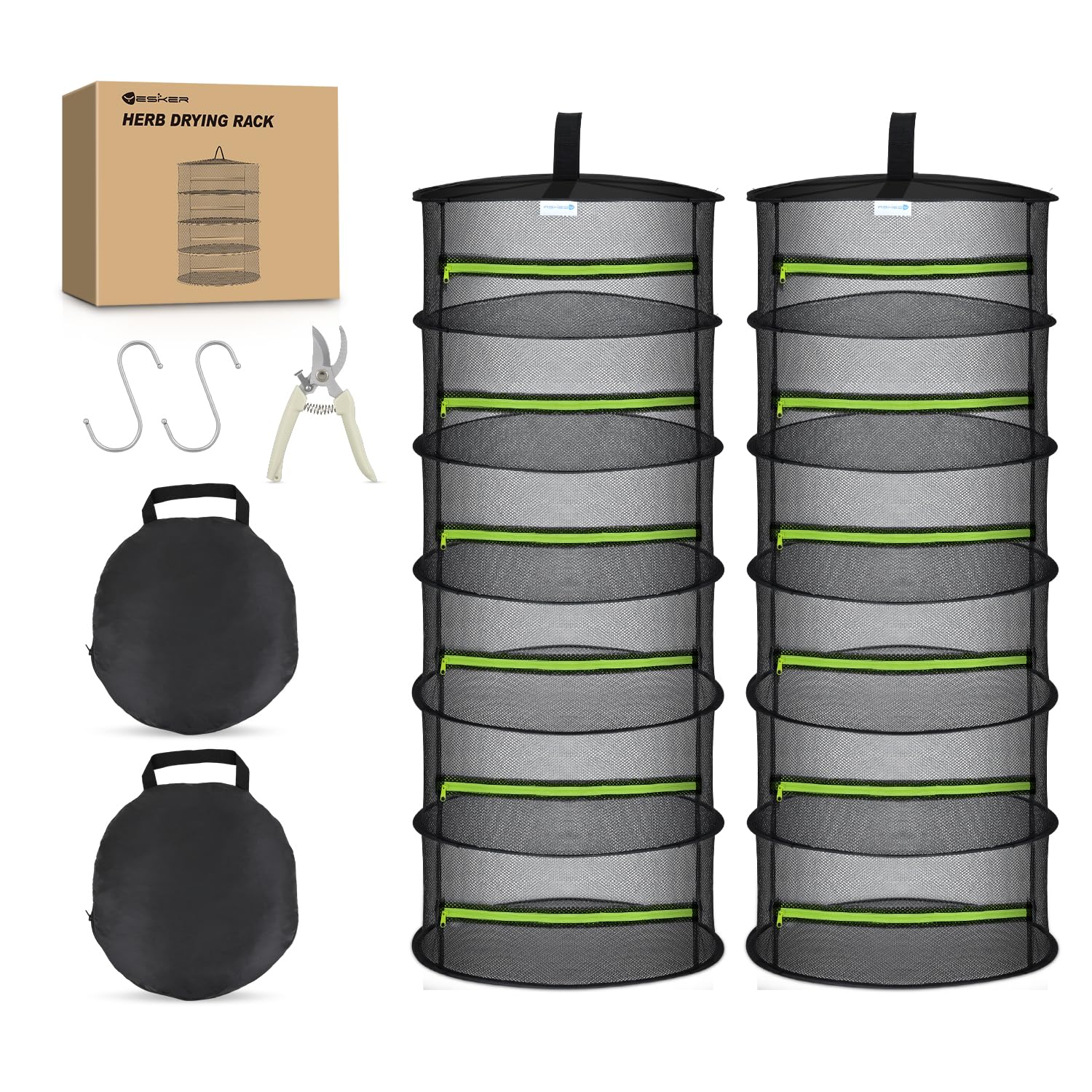 Yesker 6 Layer Herb Drying Rack Hanging Mesh Net Foldable Plant Drying Racks 24" w Green Zipper Pruning Shears Dryer Hanging Rack for Herbs Seed Bud Fruit Clothes Grow Tent Closet Garden Outdoor 2 PCS