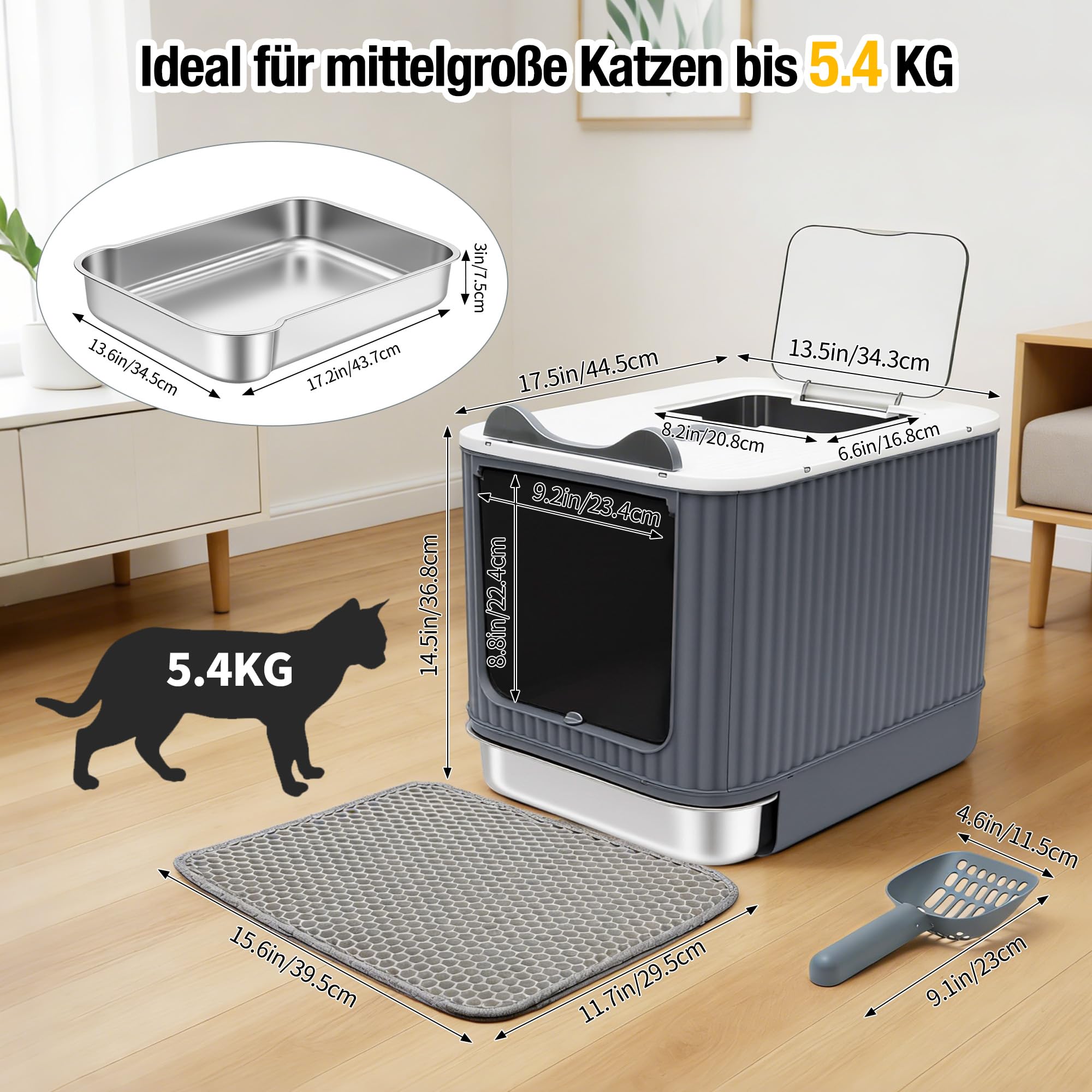 Geschlossenes Katzentoilette, Katzenklo Edelstahl mit Deckel, Katzenklo Matte und Katzenklo Schaufel, Metal Cat Litter Box für Katzen bis 5.4 kg