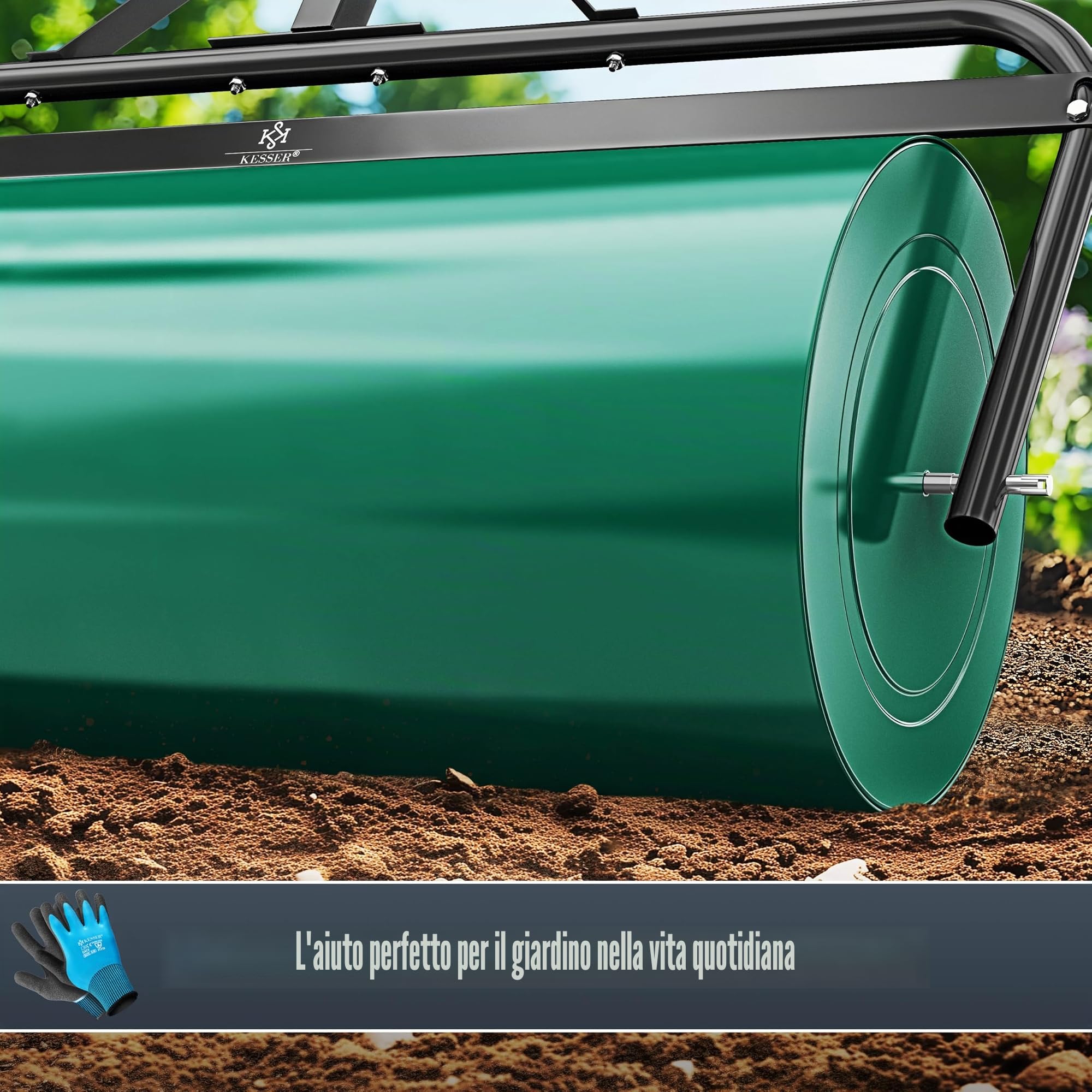 KESSER® Rullo per prato in metallo, riempibile con acqua o sabbia, con 63 litri di volume e 99 cm di larghezza, rullo da giardino con guanti, rullo manuale per prato, rullo da agricoltura, colore