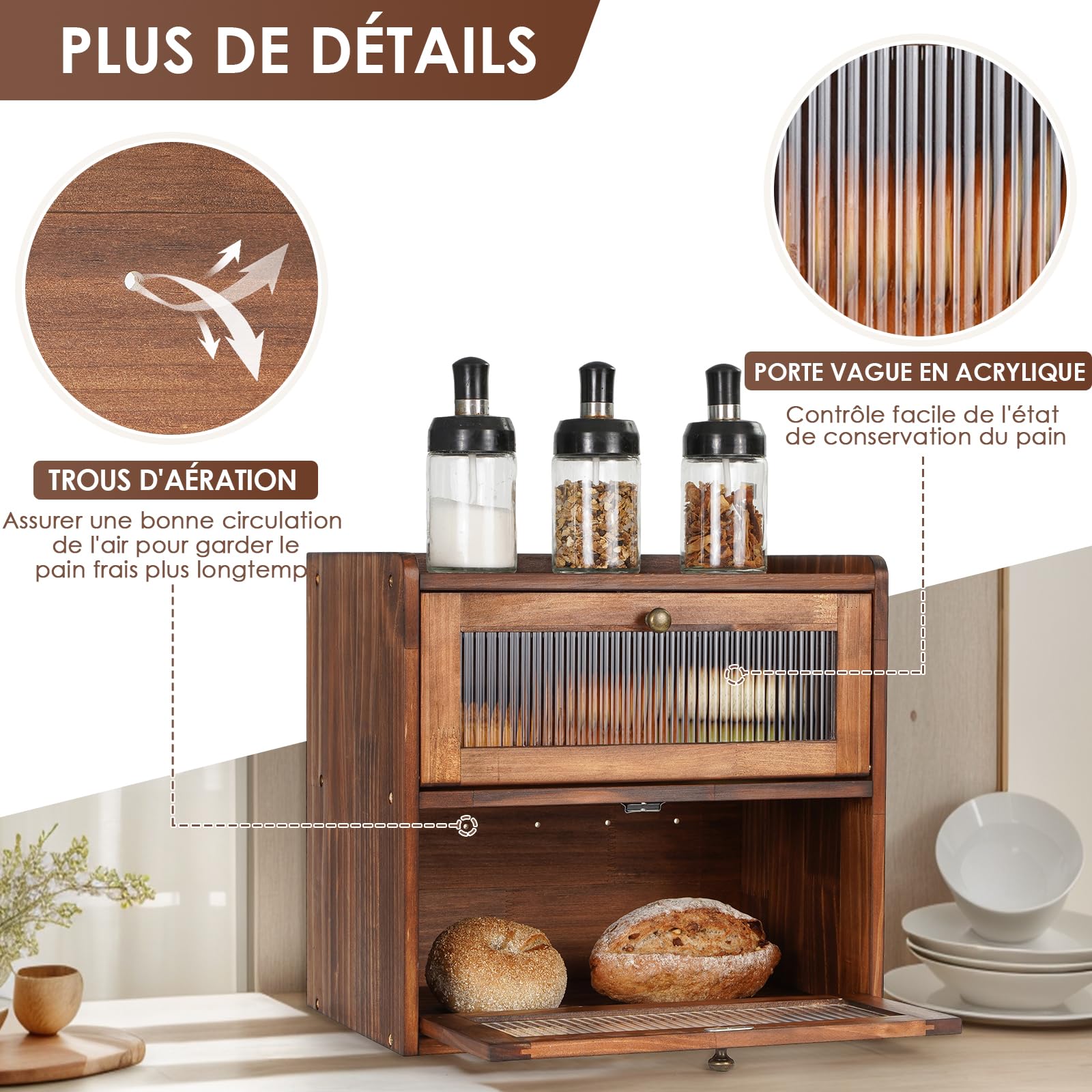 GUUSII HOME Boîte à pain en bois pour comptoir de cuisine, grand récipient alimentaire fait maison avec ouverture frontale vintage pour fruits et légumes, 36,5 x 24 x 34 cm (marron, L)