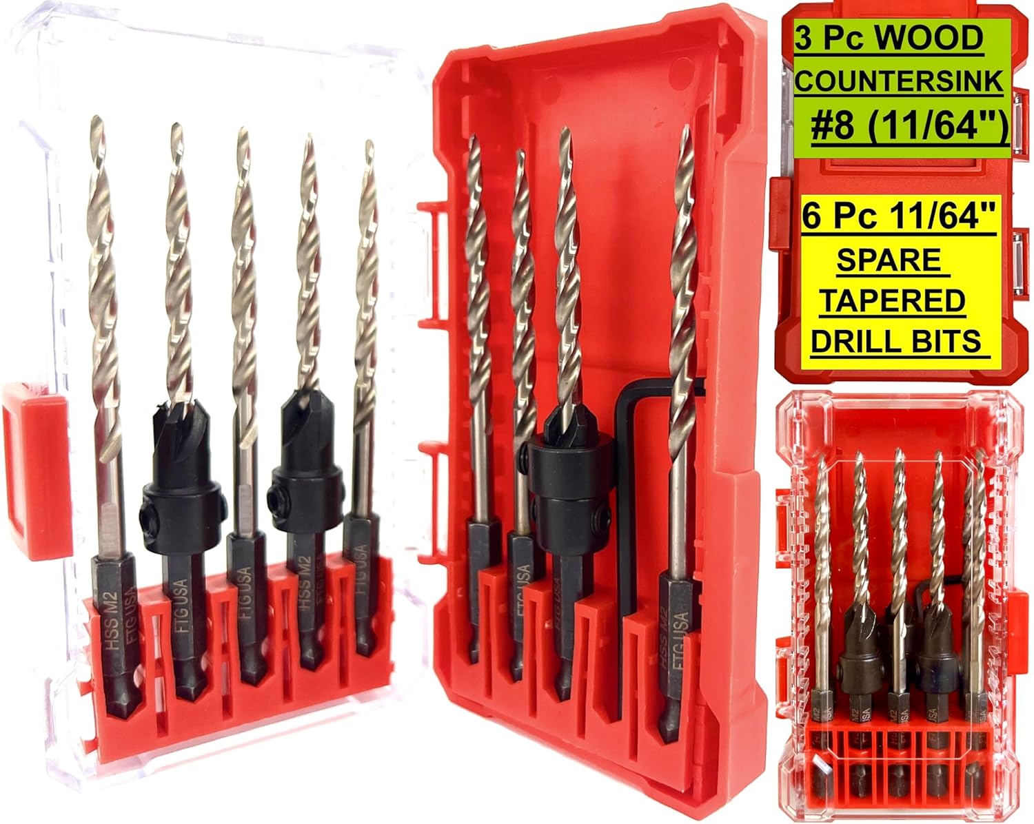 FTG USA 3 Pc #8 (11/64") Countersink Drill Bit Set with 6 Pc Replacement Tapered Drill Bits for Wood in Storage Container