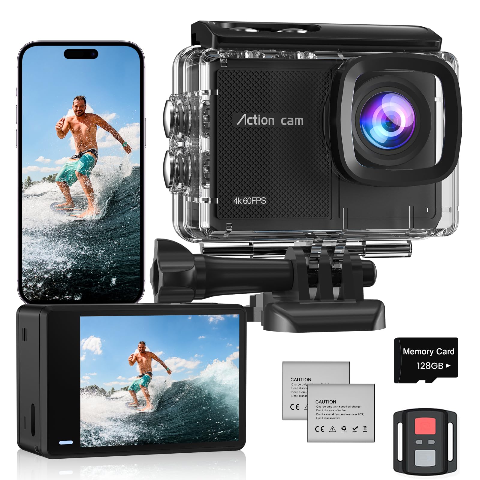 Action Cam 4K60FPS con Scheda Da 128GB, 131FT Fotocamera Subacquea con 8X Zoom,48MP HD WIFI Videocamera 170° Telecamera EIS,Telecomando 2x1350mAh Batterie