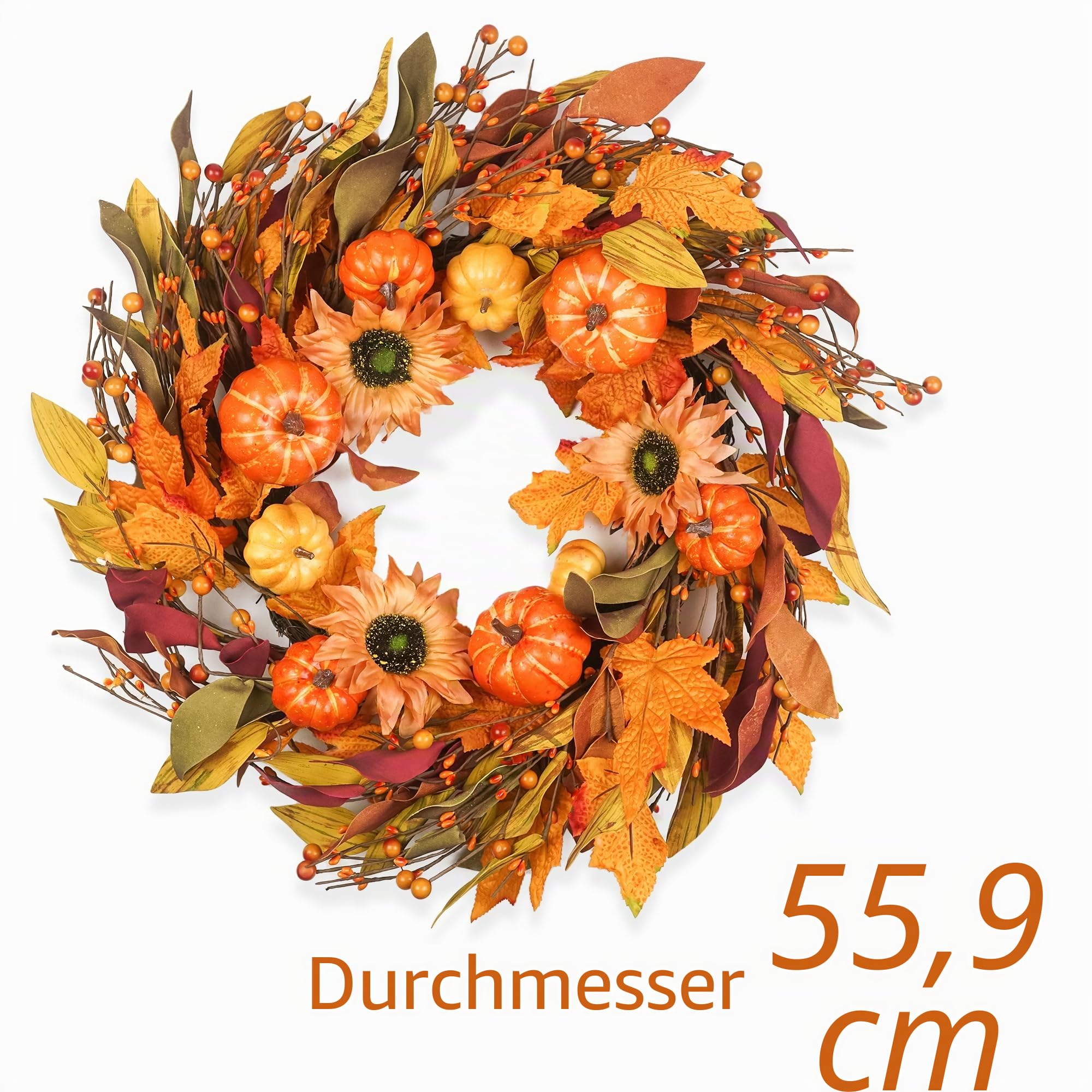 Herbstkränze für Haustür, 55,9 cm, Herbstkranz mit Beerenkürbis, Ahornblättern, Erntedankfest-Dekorationen für drinnen und draußen