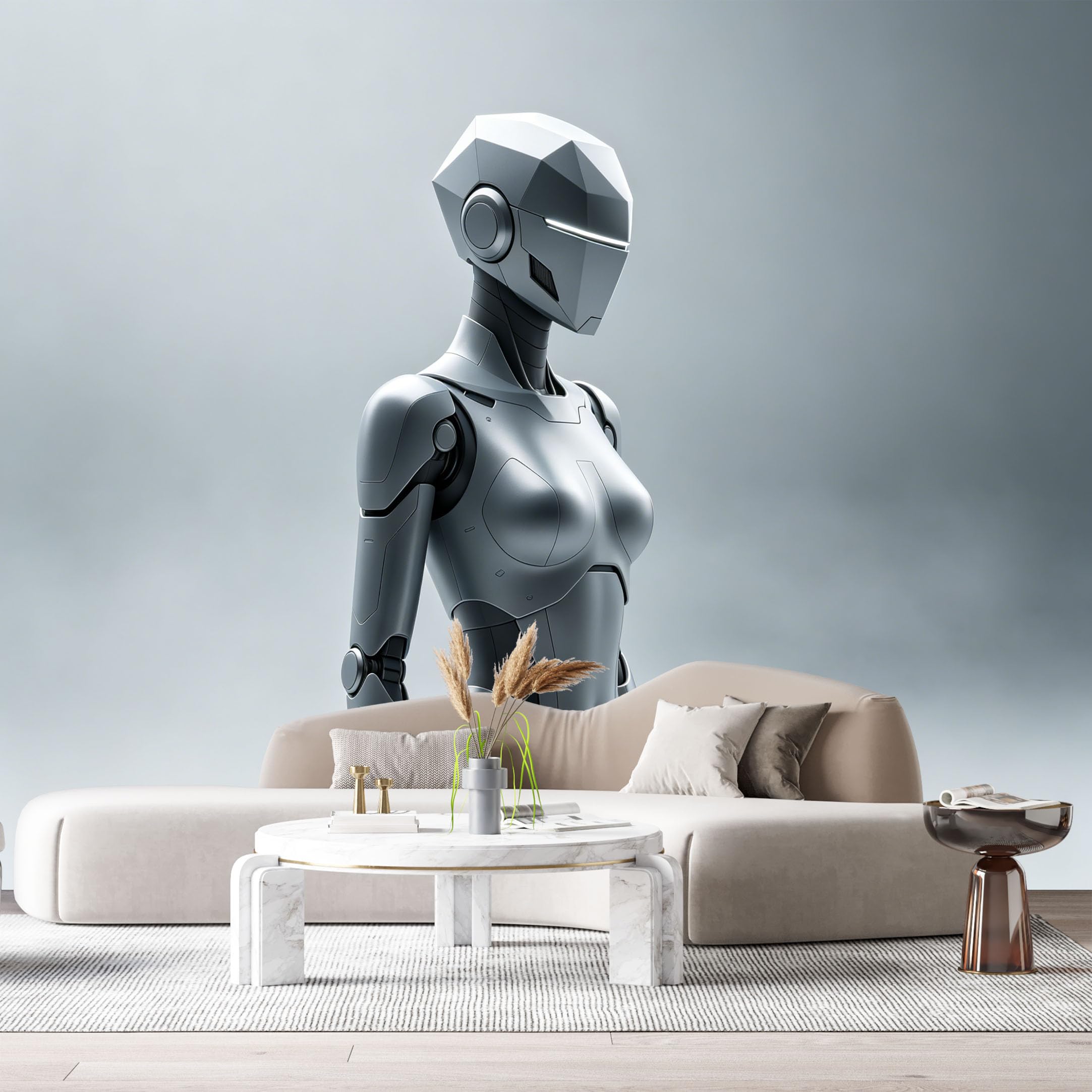 Custom Size Wall Mural Futuristic Humanoid Mech Minimalist Metal Robot Textured SciFi Design SelfAdhesive Art Prints Removable Large Wallpaper Esports Room Game Room Tenant Room Studio