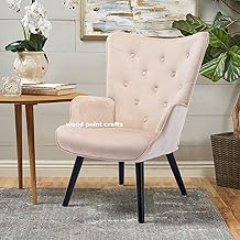 WOOD POINT Crafts Velvet Accent Chair Modern Tufted Button Wingback Vanity Chair with Arms Upholstered Tall Back Desk Chair with Solid Wood Legs (Silver-Velvet) (Beige-Velvet)