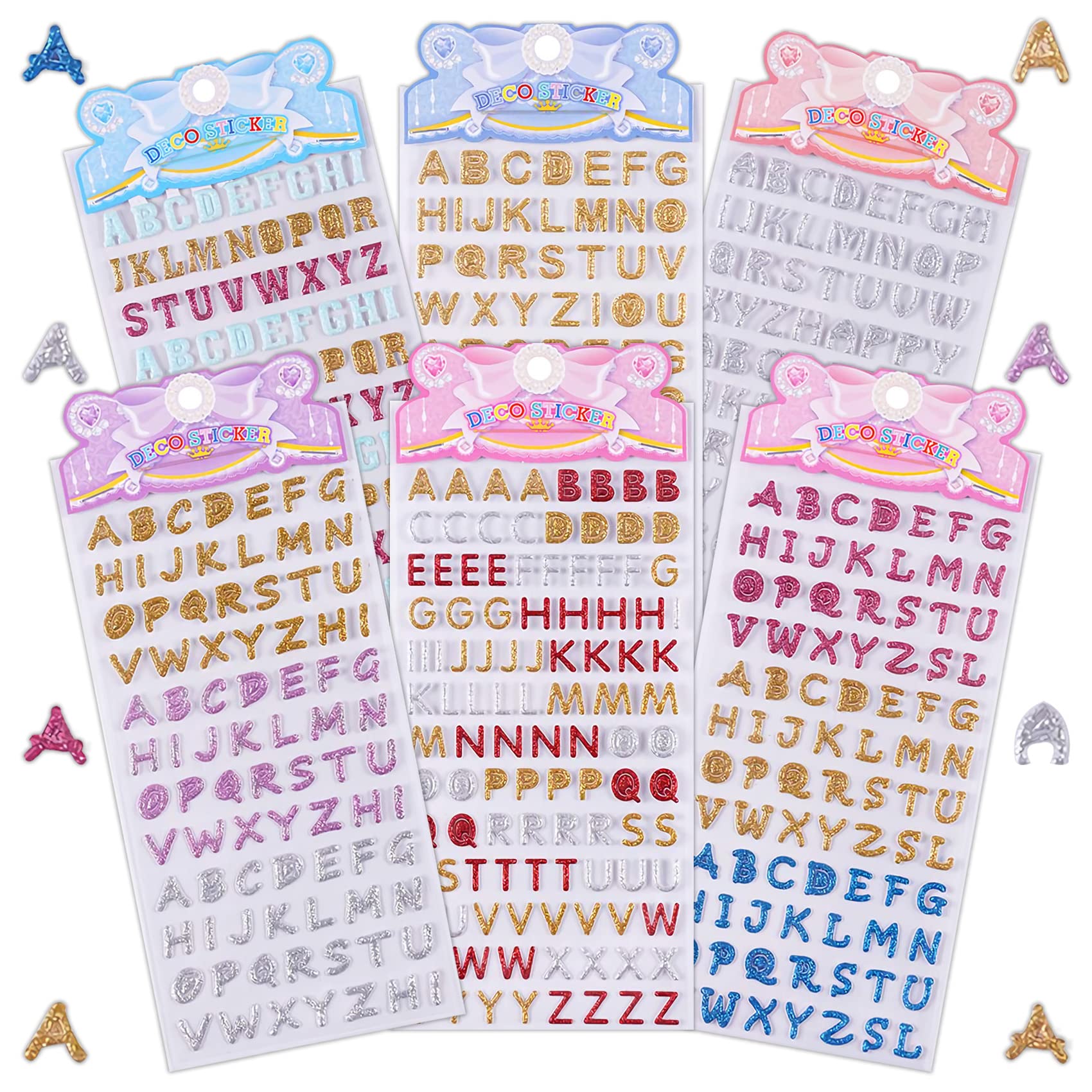 Kids 3D Colorful Letter Alphabet Gold Foil Stickers 4 Different Sheets, Self-Adhesive Glitter Letter Puffy Stickers for Decorative Scrapbooking Calendar, Boys Girls DIY Gift