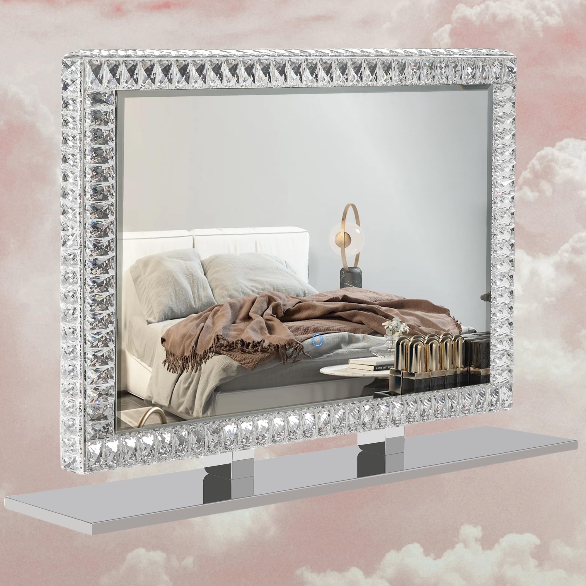 Modern Rectangle LED Bathroom Mirror with Lights, Anti-Fog Lighted Vanity Bling Mirror for Wall & Desk, Stepless Dimmable (White/Warm/Natural Light), Silver Framed Glass Mirror