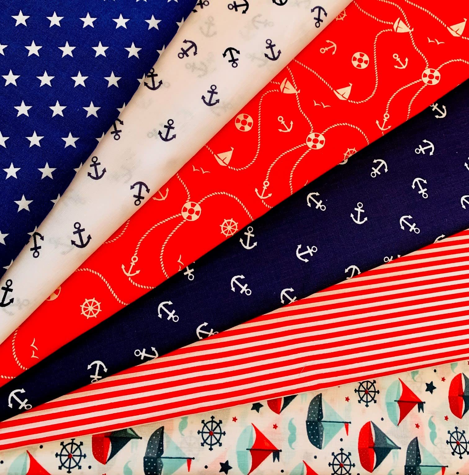 100% Polycotton Fabric Patchwork Squares - Unisex Baby Boy Girl Vintage Floral Nautical Polka - Sewing Quilting Dress Fabric - Simply Sew Crafty™ (5", Nautical)