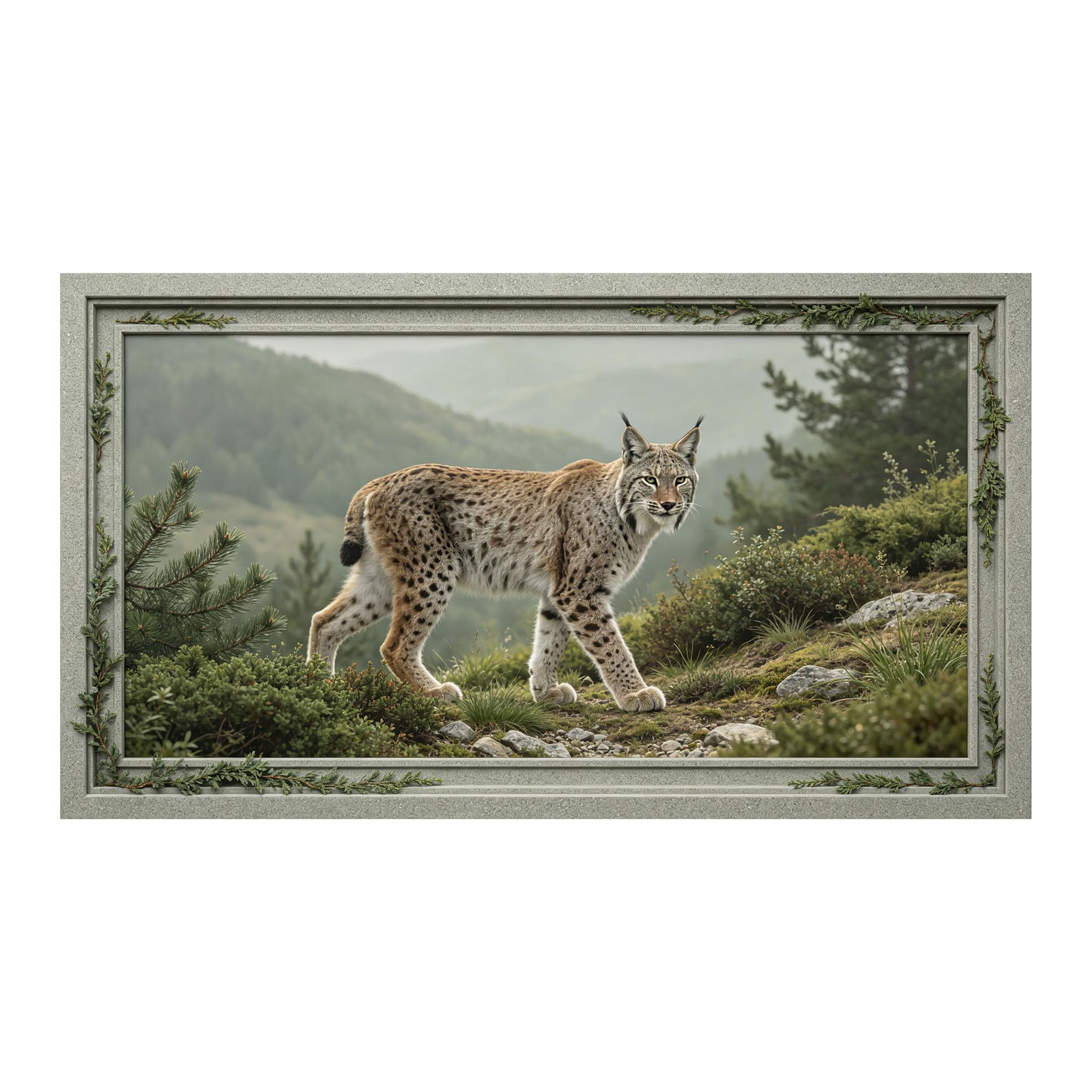 Murasolite 3D 3D Framed Wall Art 50cm×90cm Mountain Wilderness Lynx Landscape Realistic Style SelfAdhesive Fabric Mural Wall Decor, Peel and Stick No Damage to Wall for Bedroom Living Room