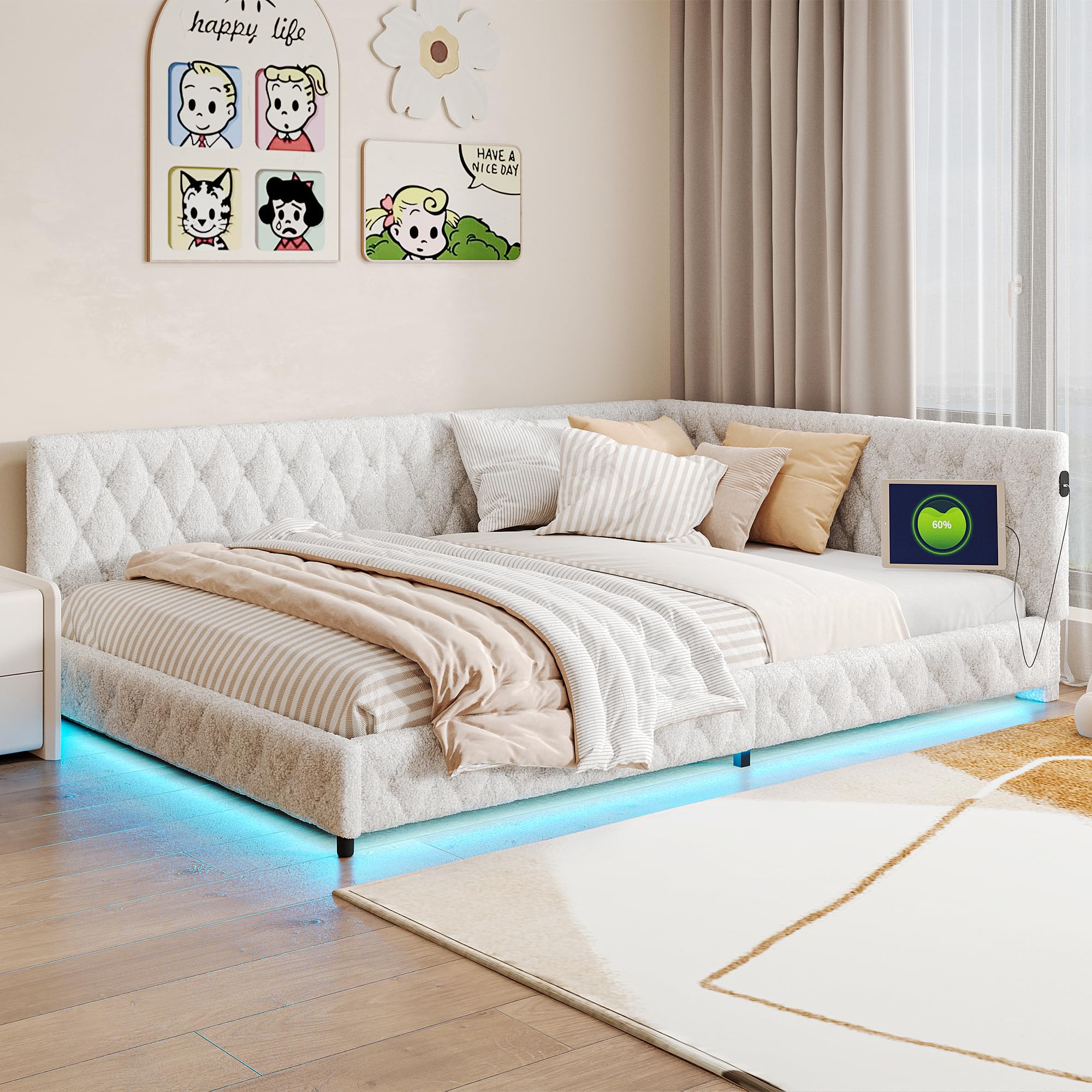 Polsterbett Schlafsofa 140x200 cm mit LED-Beleuchtung und USB-Anschluss, Bettgestell mit Lattenrost & Kopfteil, Multifunktionales Tagesbett Daybett Jugendbett für Gäste und Wohnzimmer(Typ B+ Beige)