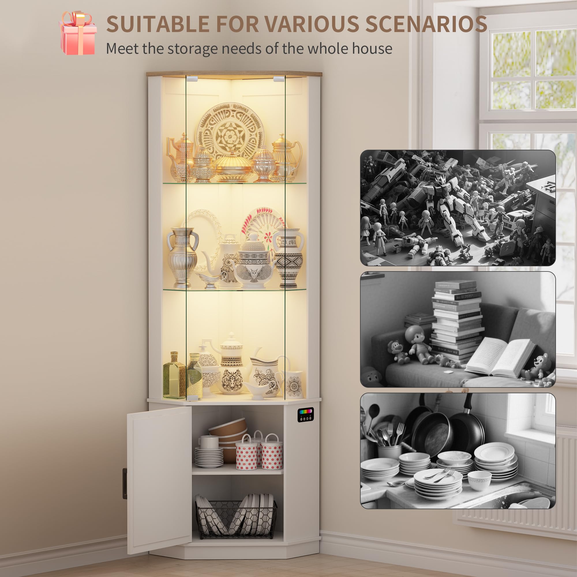 Lvifur Eckvitrine mit LED Beleuchtung und Schubladen für Sammlerstücke,Wein,3-Lagen Glasvitrine Vitrine Vitrinenschrank mit Intelligente Sensorik für Wohnzimmer,Schlafzimmer
