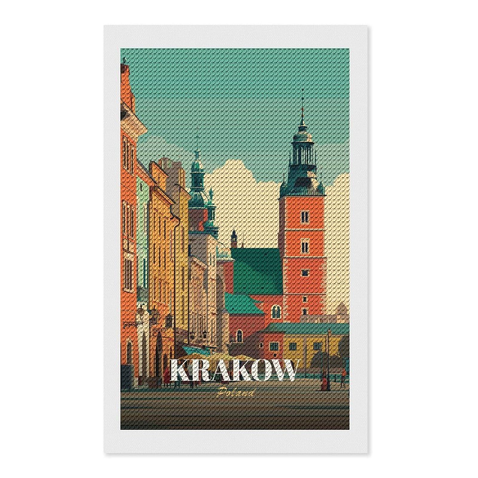 Junmoney Krakow, Poland Cityscape Illustration(2) Diamond Painting Canvas Set 12"x20", Boho Decor, for Craft Lovers, Easy Handmade Project, Holiday Gift Idea