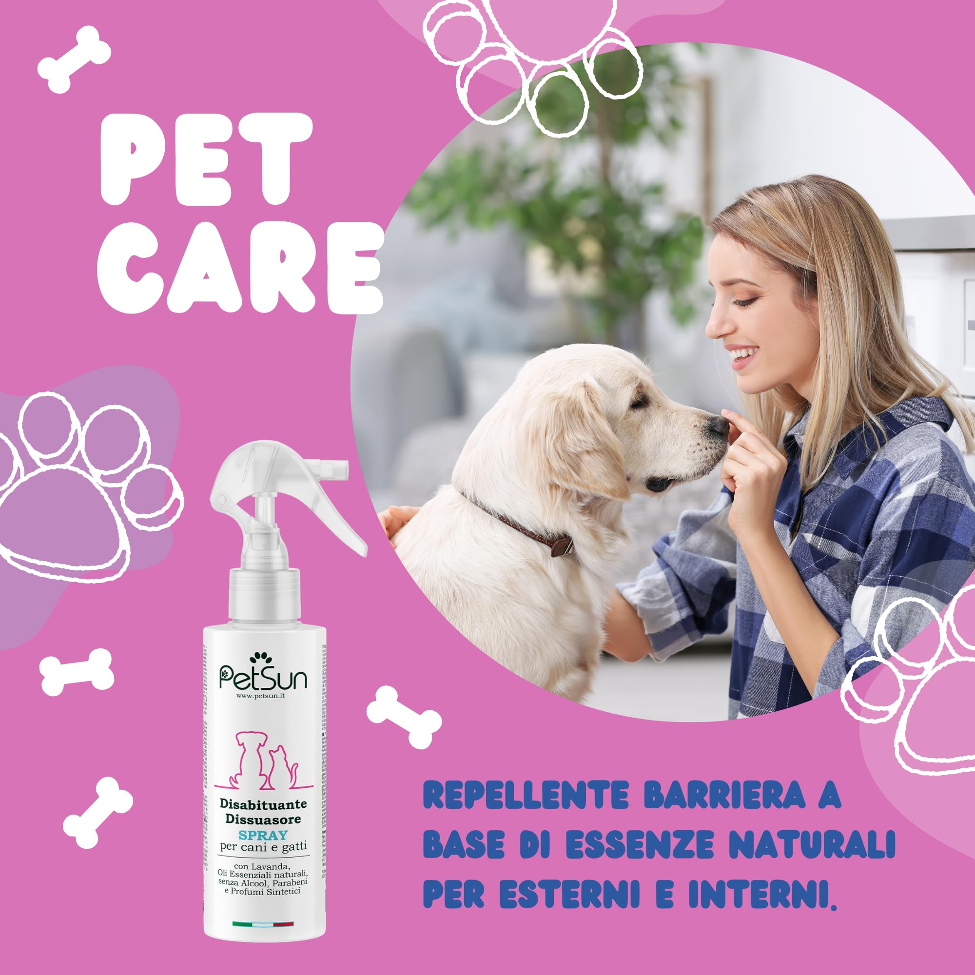 PetSun Disabituante per Cani e Gatti - Repellente - Spray Naturale - Anti Urina e Odori per Interni ed Esterni - 250 ml