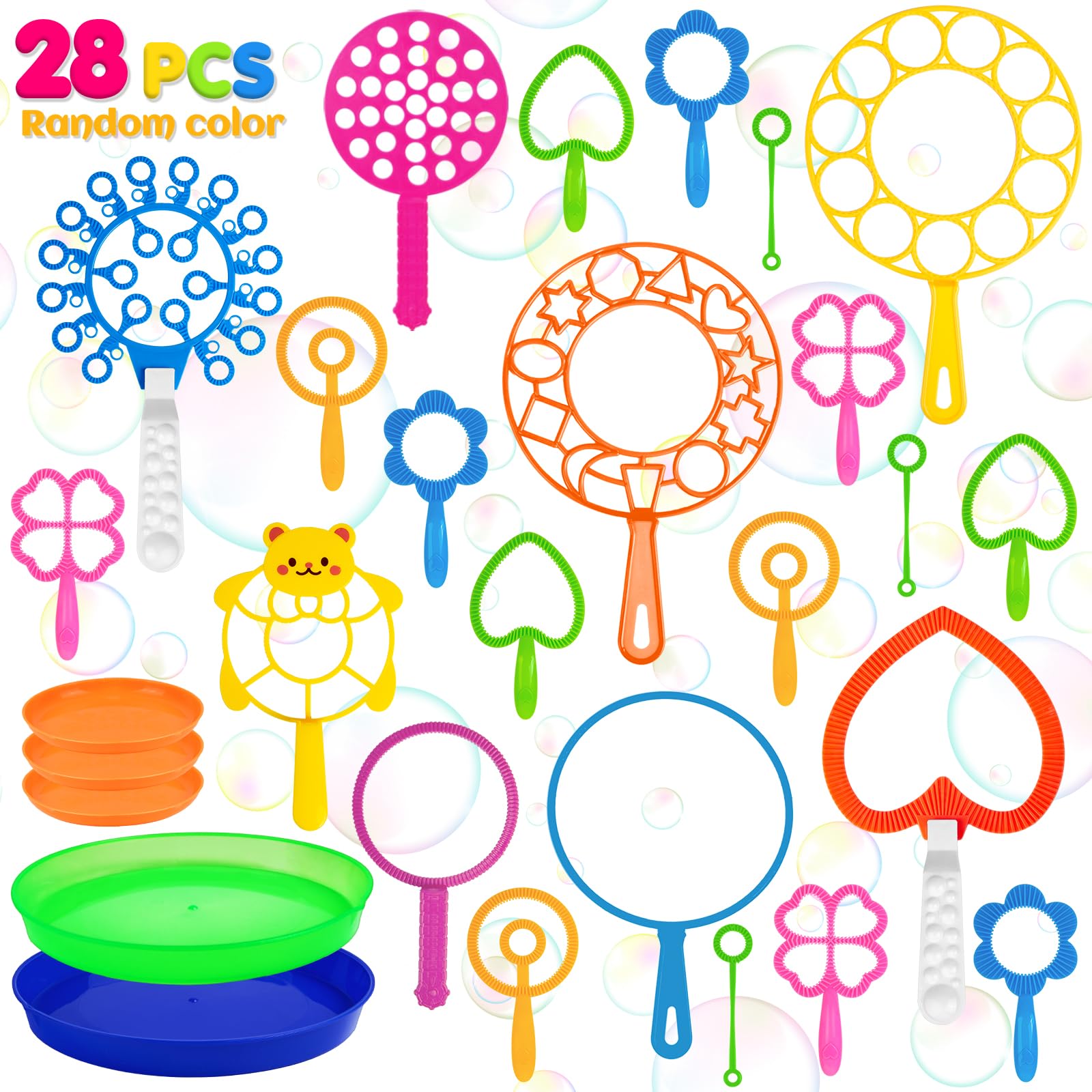 Roberly 28 Pcs Bubble Wands Set, Big Bubble Wand Toys Set with Tray, Bulk Funny Bubble Making Toys for Kids Summer Outdoor Activities Party Favors Giant Bubble Toys Gifts Birthday Games