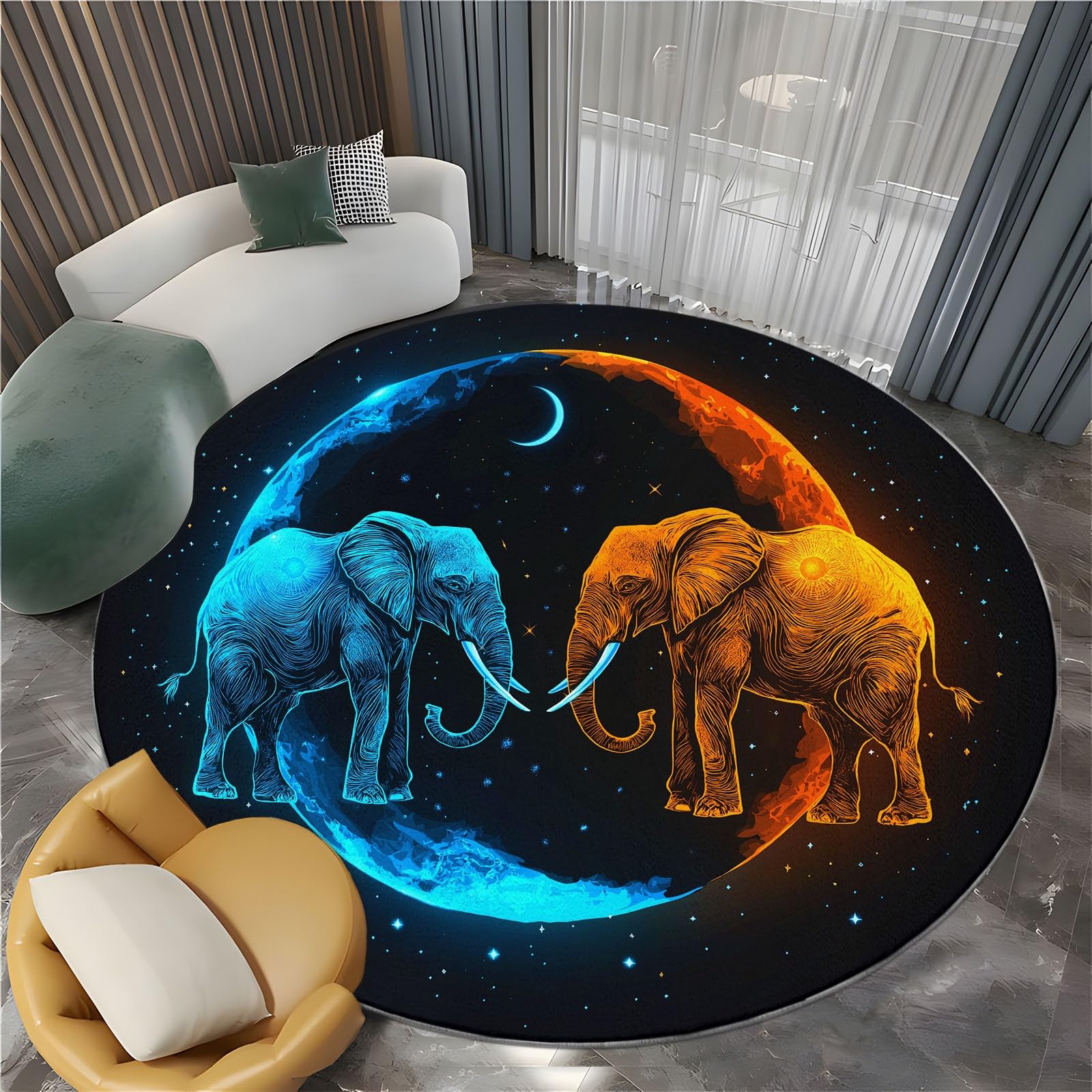 Générique Noir Antidérapant Tapis Rond 150 cm, Animaux Fantastiques Éléphant Lune Lavable en Machine Tapis Rond, Moquette de Salon et Chambre Doux et Confortable, Idéal pour Intérieurs décoration