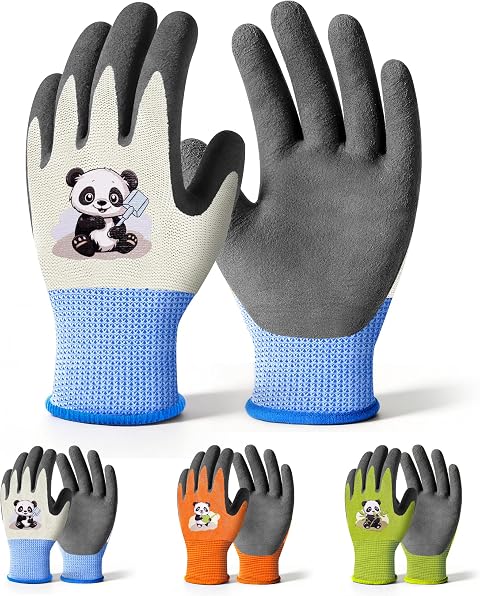 Mr. Panda 3 Paar Gartenhandschuhe für Kinder im Alter von 5–7 Jahren, Gummibeschichtete Arbeitshandschuhe für Jungen und Mädchen, Mehrfarbig, Größe 4/XXS
