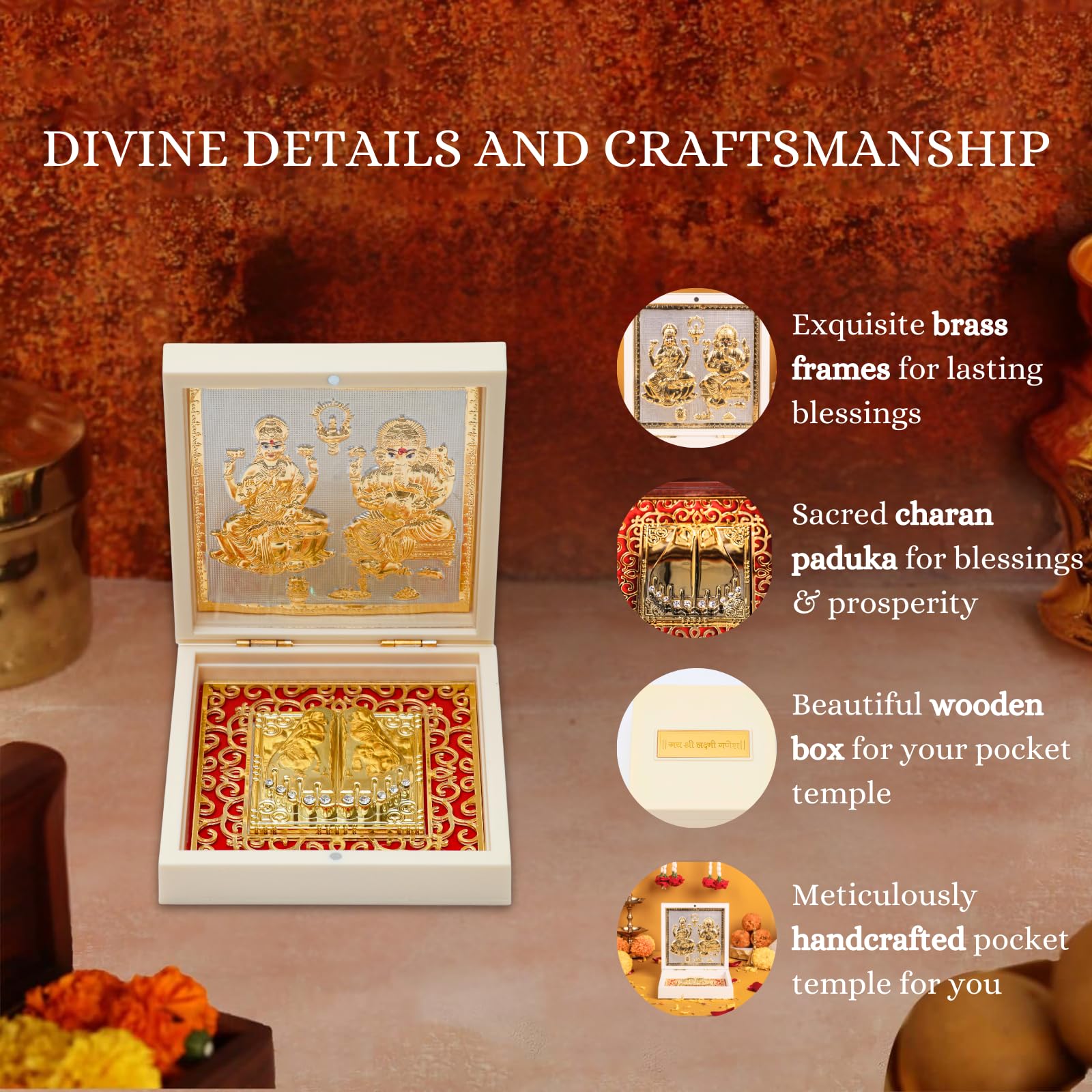 House Of Wemy Gold Plated Laxmi Ganesh Pocket Temple Box for Pooja Room | Lakshmi-Ganesha Divine Pooja Boxes With Photo Frame & Charan Paduka | Diwali Gift & Home Decor - White - 4.5 Inches -Pack of 1 - Image 4 thumbnail