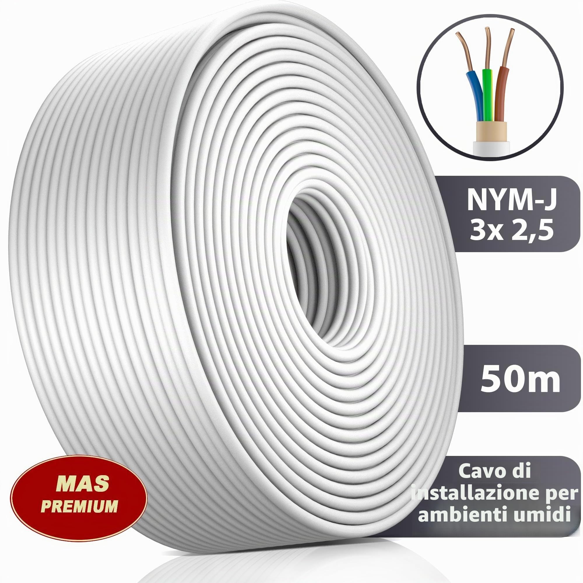 MAS Premium Cavo di alimentazione per ambienti umidi 5-200m Cavo NYM-J 3x1,5 2,5 4 6 10 o 5x1,5 2,5 4 6 10 16 Cavo elettrico per installazione fissa (NYM-J 3x2,5 mm², 50m)
