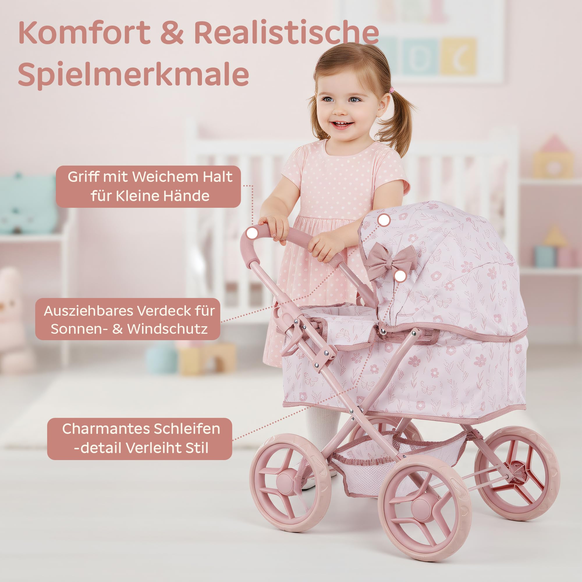 Kinderplay wózek dla lalek od 3 lat – Głęboka gondola z torbą i koszem – Lekka konstrukcja z cichymi piankowymi kołami – Wózek-zabawka dla lalek do 30 cm