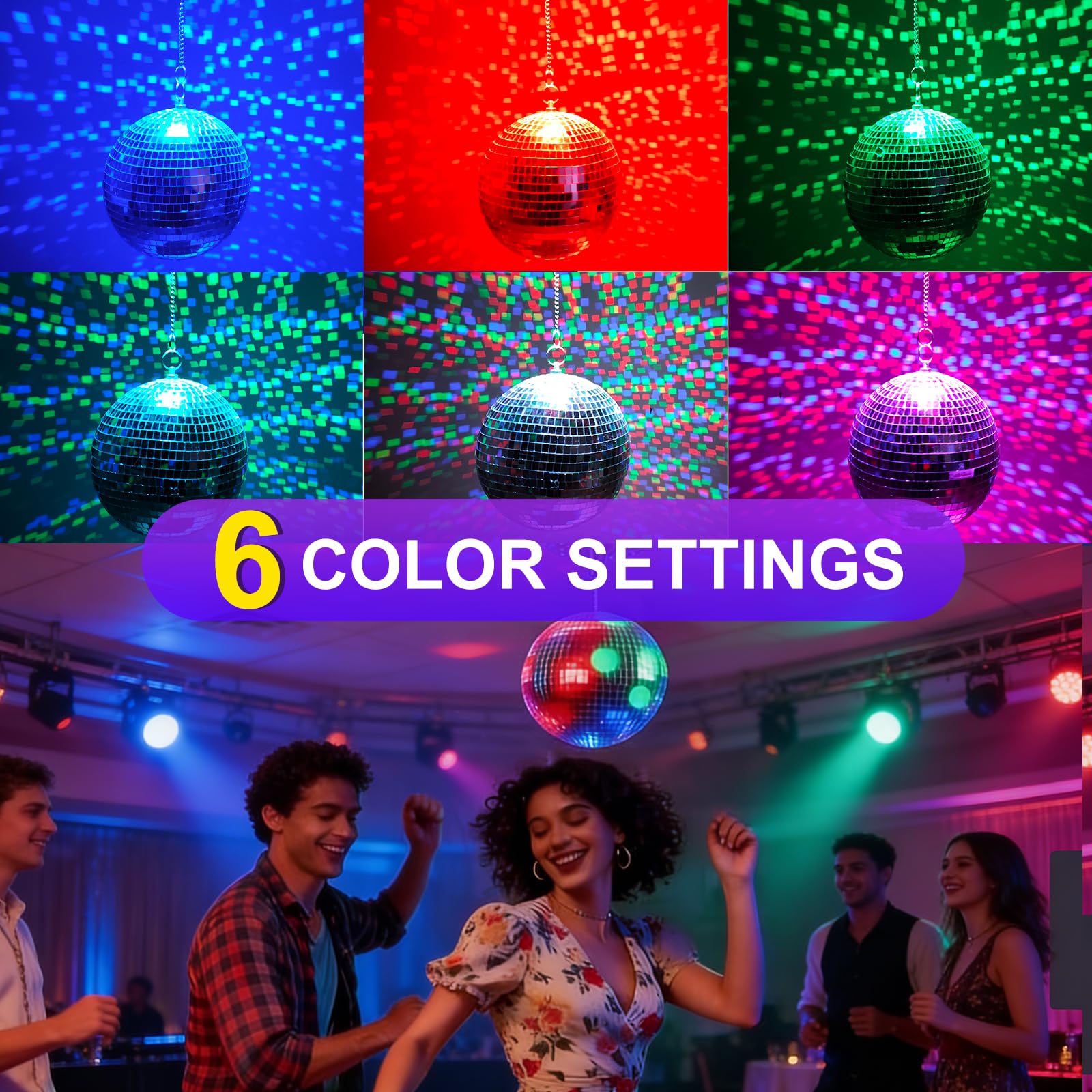 Boule disco avec moteur avec télécommande et lumières, Palujorty 5 tr/min, 9 tr/min, 24 LED, boule disco et lumière pour boules de 10,2 cm, 15,2 cm, 20,3 cm, 30,5 cm pour fête (USB/batterie)