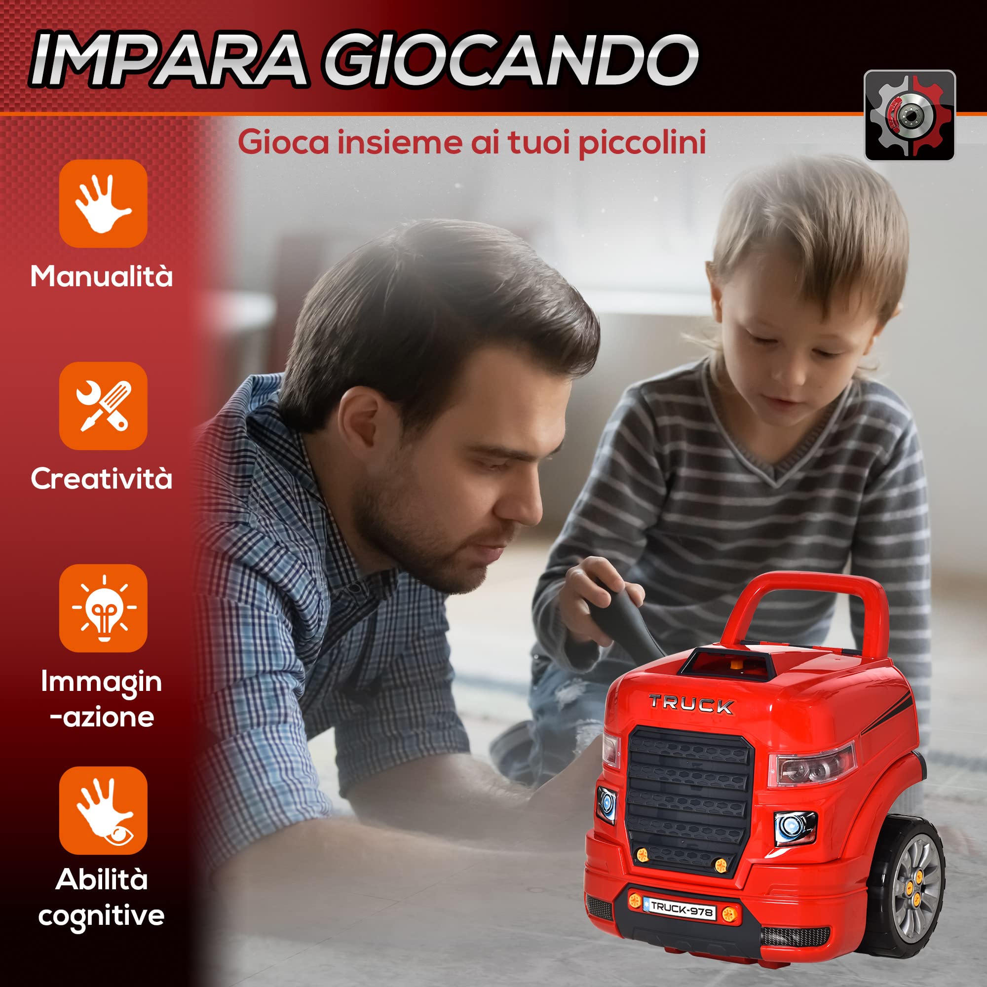 HOMCOM Officina Camion Giocattolo con Motore e 61 Accessori per Bambini 3-5 Anni, Ruote e Maniglia, 40x39x47cm, Rosso