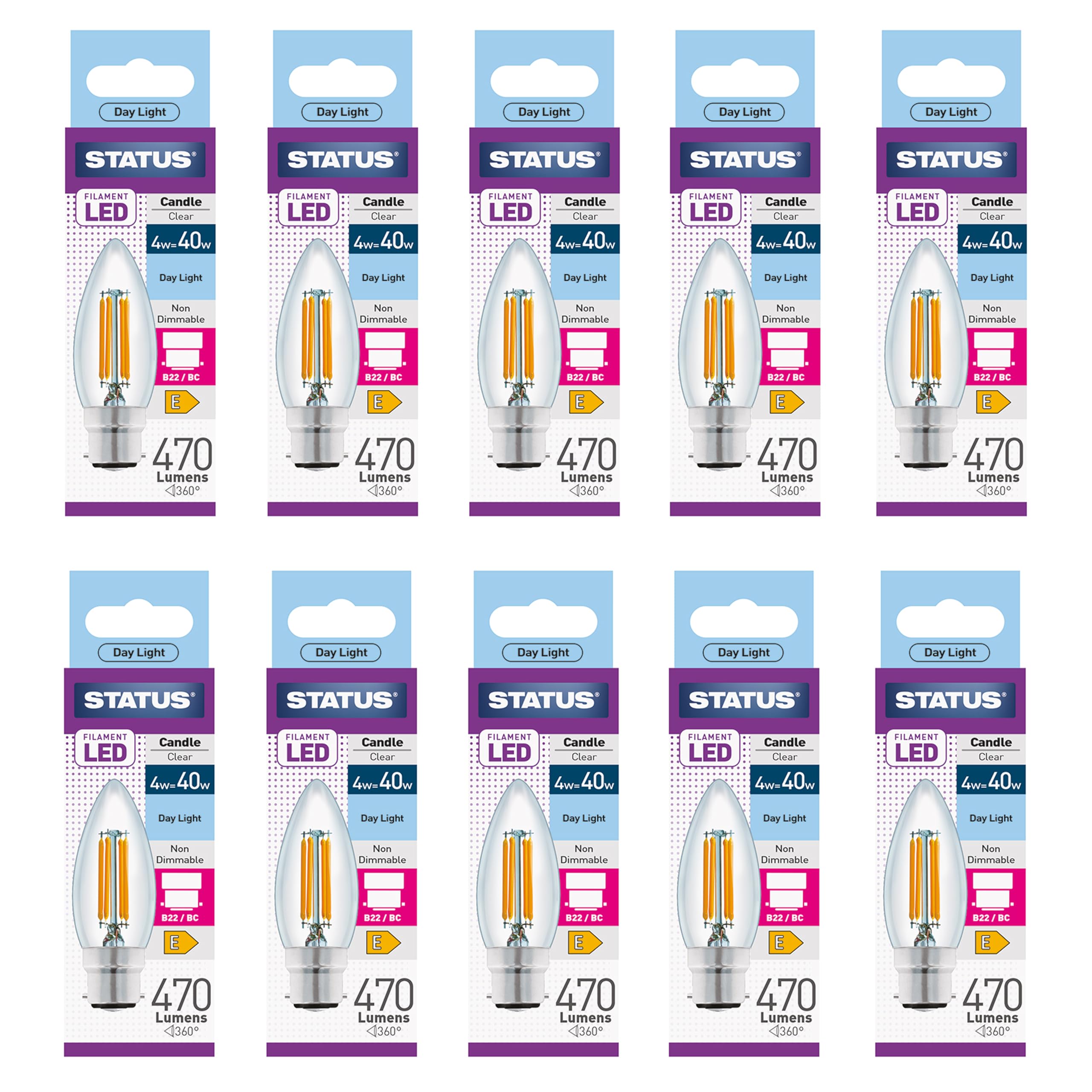Status 4w = 40w = 470 lumens - Filament LED - Candle - BC - Clear - Day Light - 1 pk Box - in White CDU
