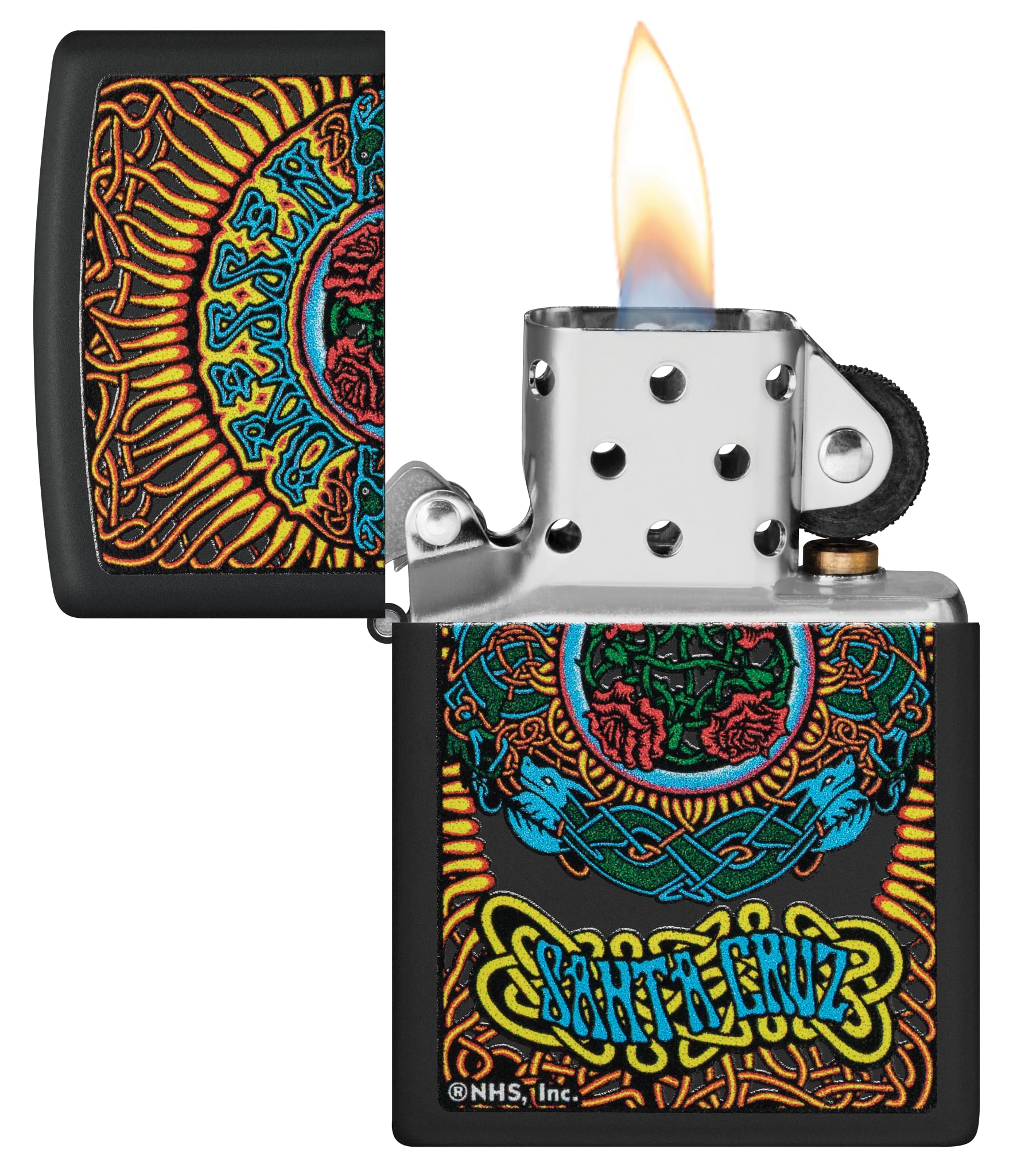 Zippo - Briquet Tempête Motif Santa Cruz, Noir Mat, Impression Color Image, Rechargeable, Réutilisable, Coupe-Vent, Coffret Cadeau, Fabriqué Aux États-Unis