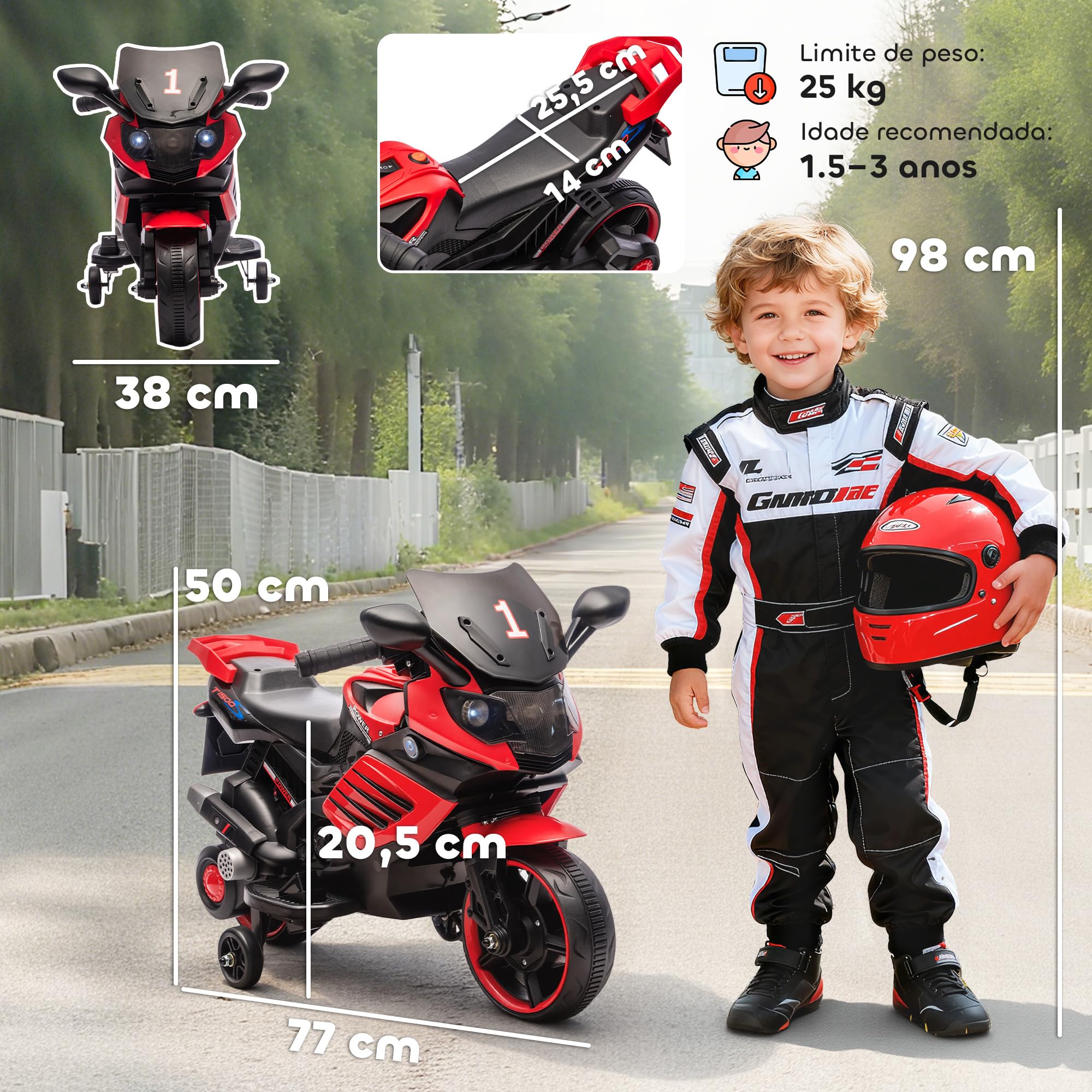 AIYAPLAY Moto Elettrica per Bambini da 18-36 Mesi, 6V Motorino Elettrico con Rotelle di Supporto Rimovibili, Fari Anteriori e Musiche Integrate, 2.5 km/h, Capacità 25kg, Rosso