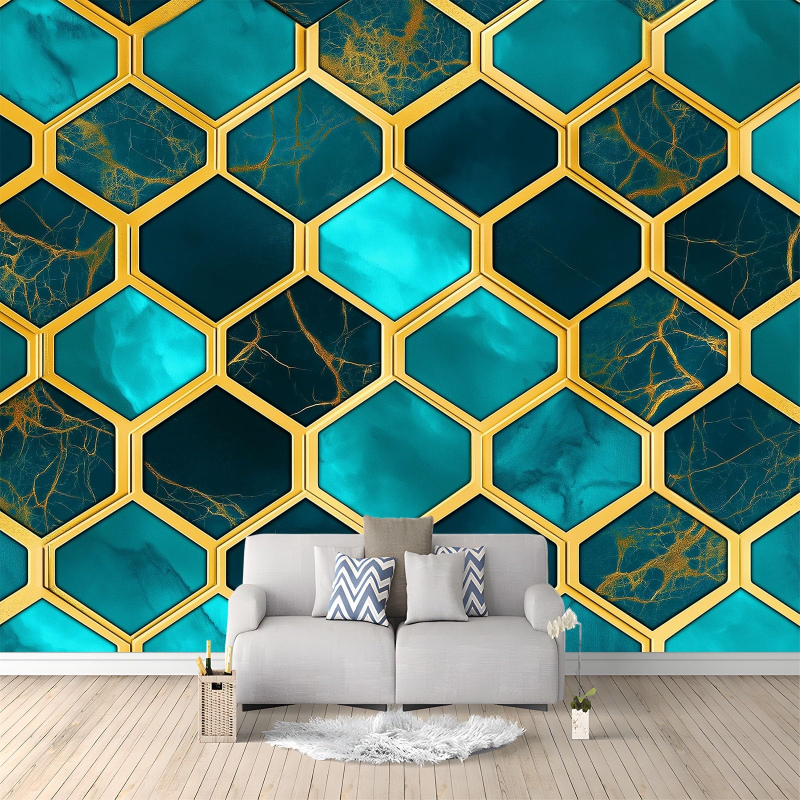 Geometryczny sześciokątny plaster miodu tekstura panoramiczna tapeta dla chłopców dziewcząt, 250 x 175 cm cyjan gigantyczny plakat ścienny 3D, dekoracja ścienna premium do salonu, pokoju dziecięcego