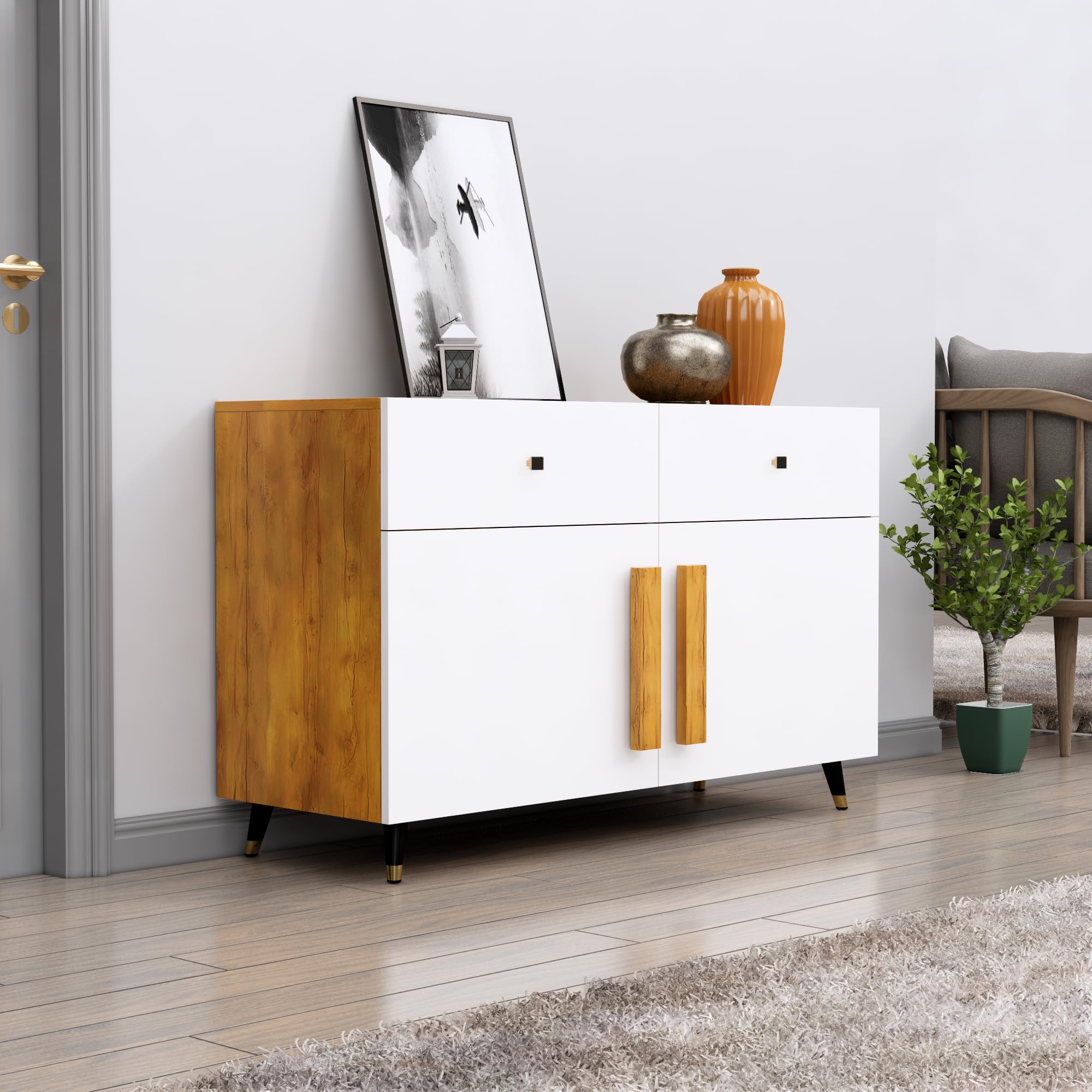 Multipurpose Storage Cabinet for Living Room, Kitchen, Office, Sideboard Cabinet with 2 Drawer and 2 Door Storage (Giant Wood & Frosty White)-image-18