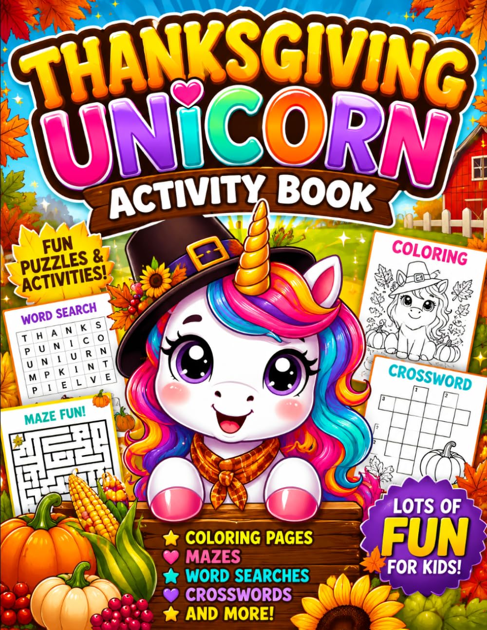 Thanksgiving Unicorn Activity Book: Fun Fall Puzzles, Mazes, Coloring Pages, Crosswords & Word Searches for Kids