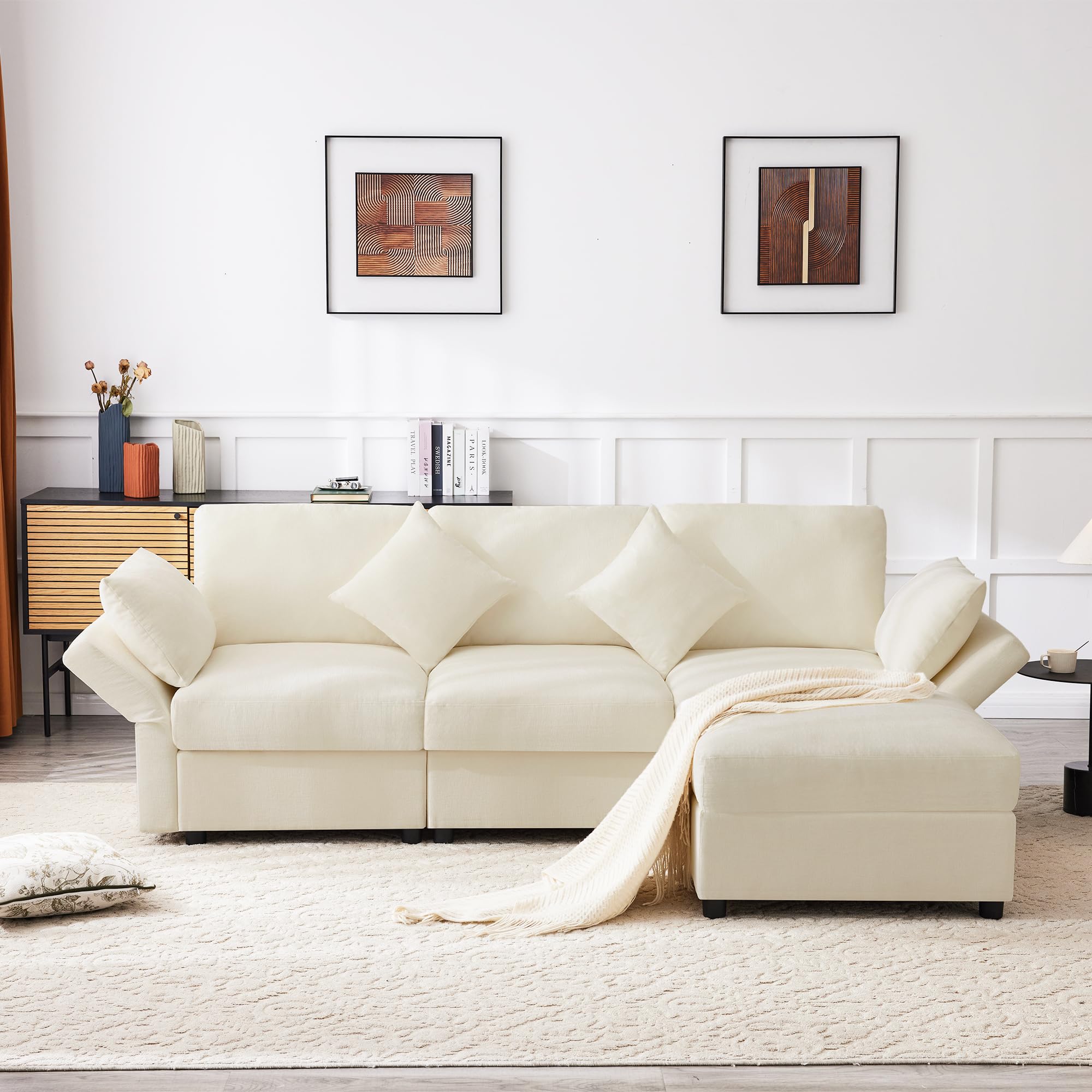 Soweiz Sofá esquinero en forma de L con reposapiés, convertible de 3 plazas, 4 cojines, reposabrazos ajustables, tela de chenilla para salón, oficina o apartamento, 218 x 156,5 x 86 cm, color beige
