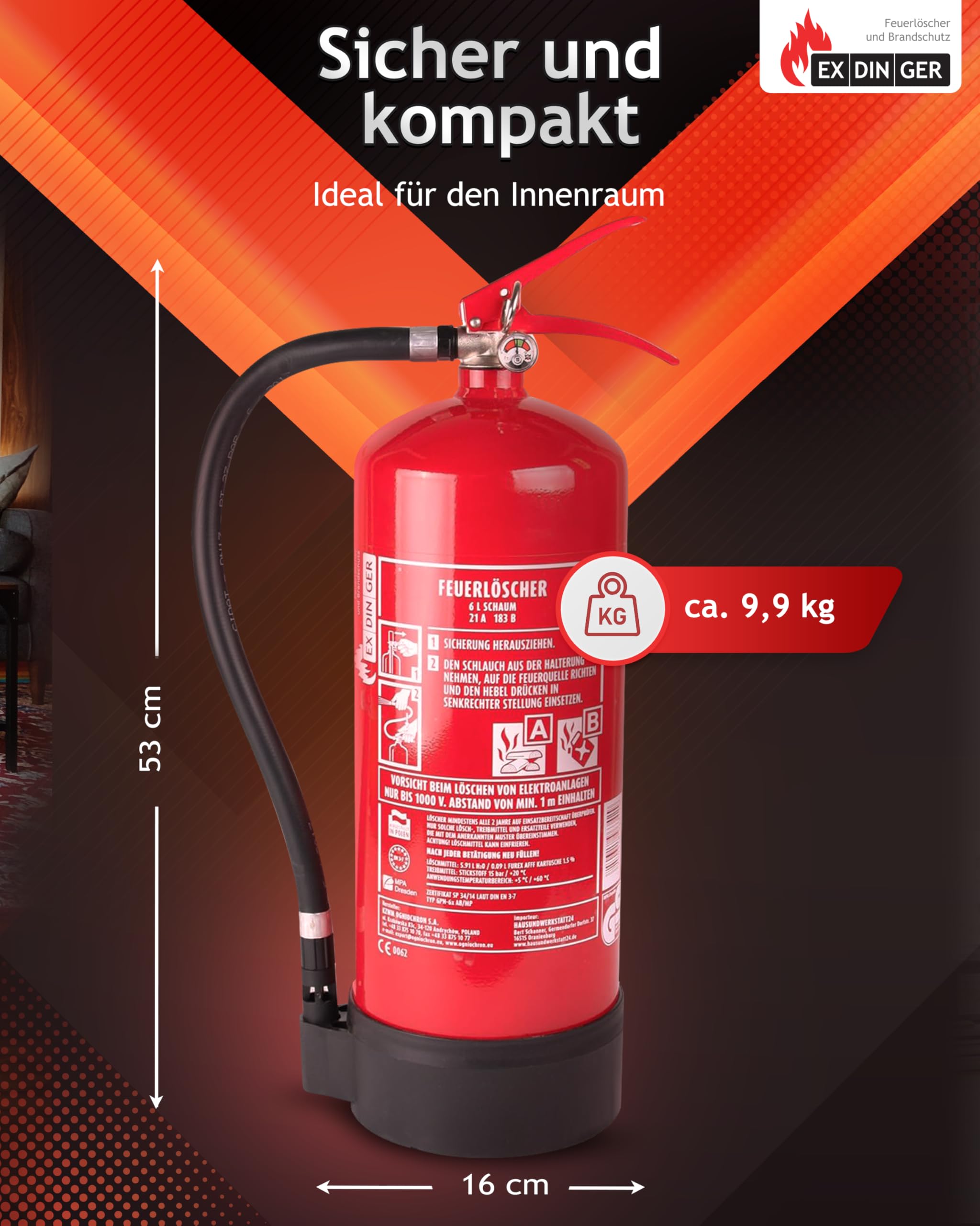 HausundWerkstatt24 6l Feuerlöscher Schaum blau 6L AB 6LE mit Halterung Dauerdrucklöscher (GPN-6X Instandhaltungsnachweis