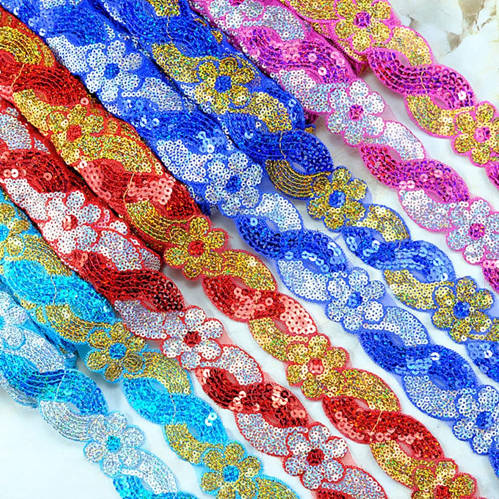 Nastro in pizzo con paillette e paillettes, 1 m, nastro decorativo in pizzo, per lavori fai da te, vestiti, lingerie, costumi, tende, decorazioni, 4 cm di larghezza, blu cielo, oro