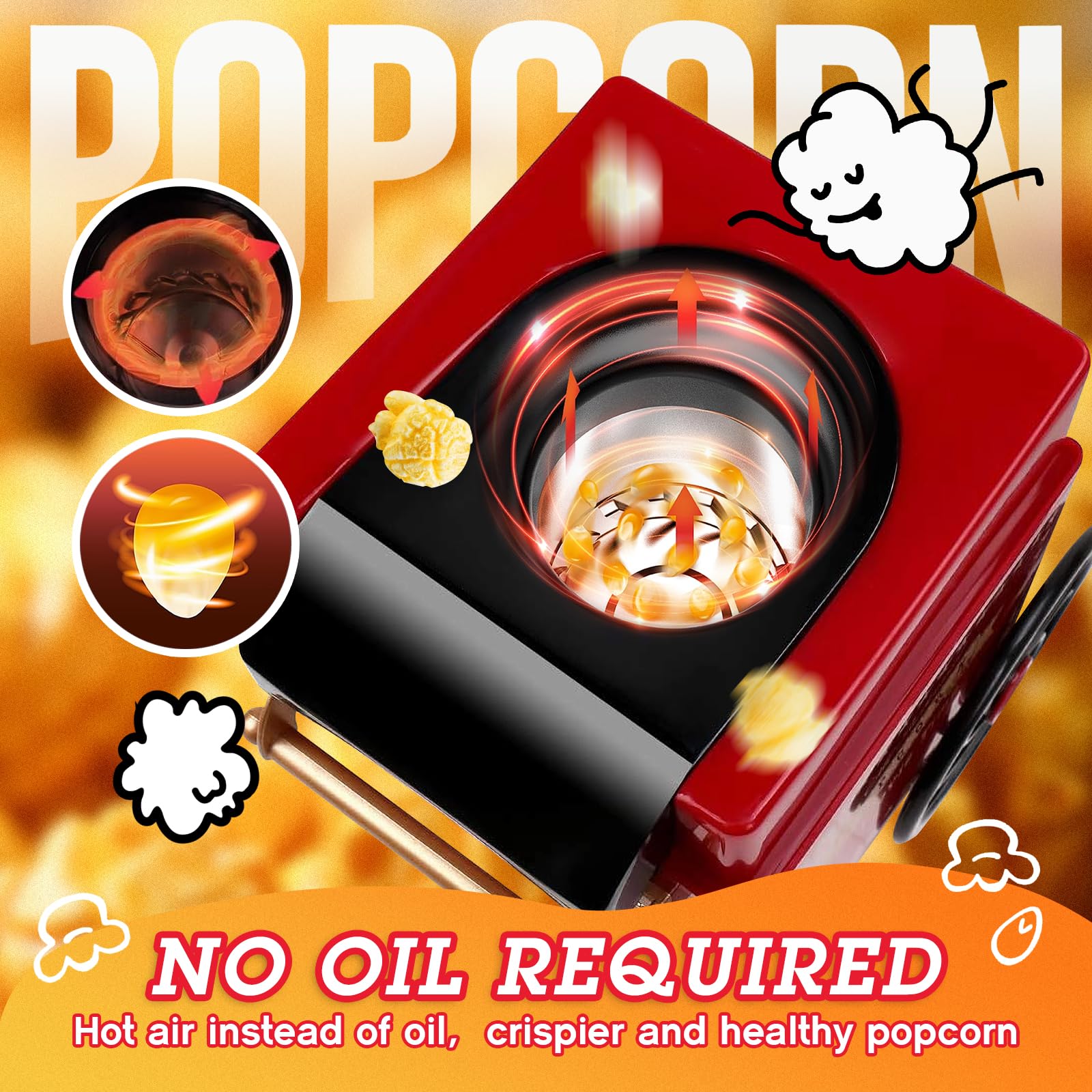Macchina per popcorn, kit per popcorn ad aria calda, confezione regalo, macchina portatile per popcorn casalinga, 10 tazze, senza olio, stile retrò, compatta e carina (rosso-11)
