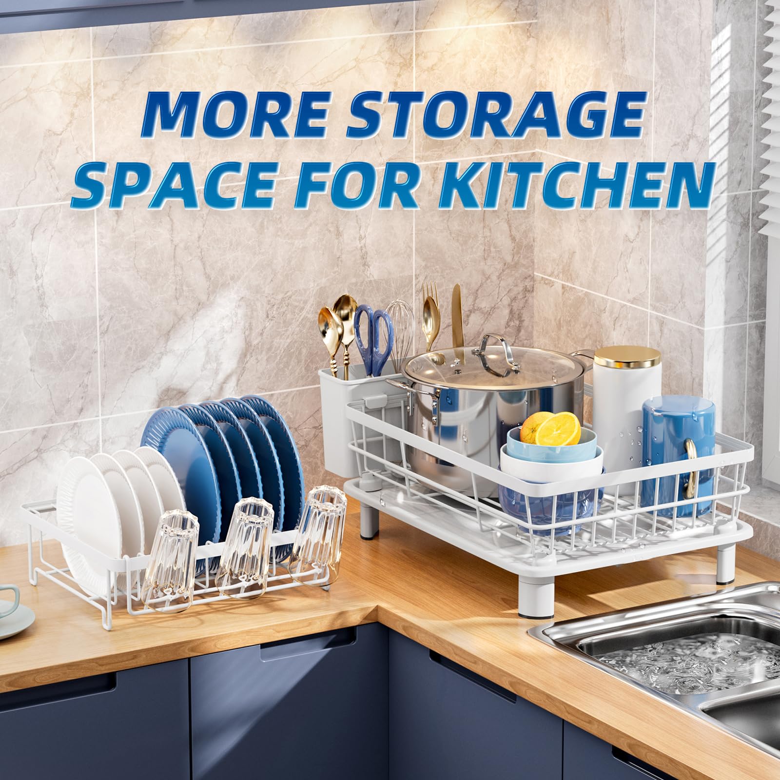 GAOKASE Escurridor de platos de 2 niveles, escurridor de platos que ahorra espacio para encimera de cocina, escurridor de platos con escurridor, soporte para utensilios y taza y boquilla giratoria