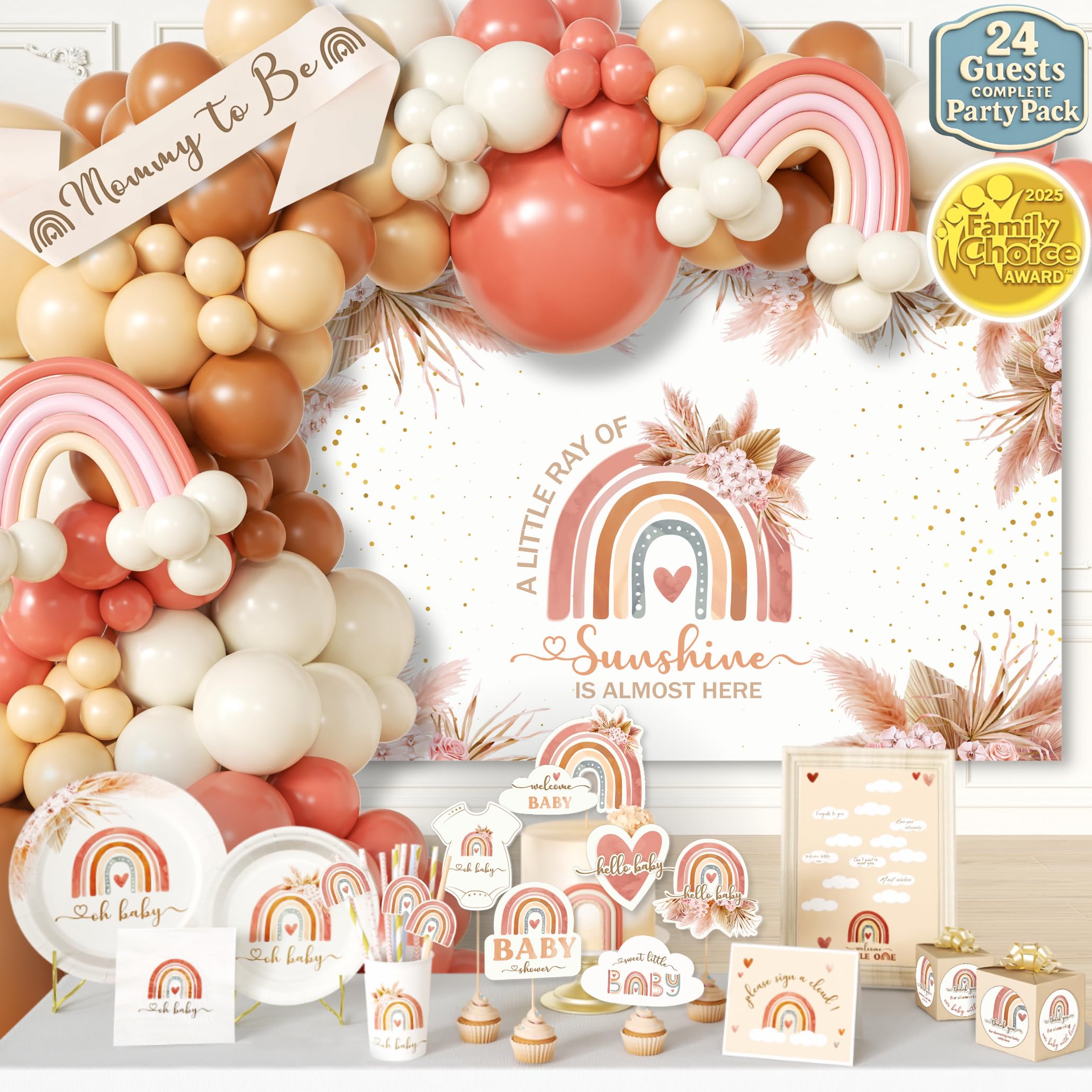 408 Pc Boho Baby Shower Decorations for Girl - Rainbow Kit, Serves 24 | 2025 Family Choice Award winner - reusable Oxford-cloth backdrop (not paper),