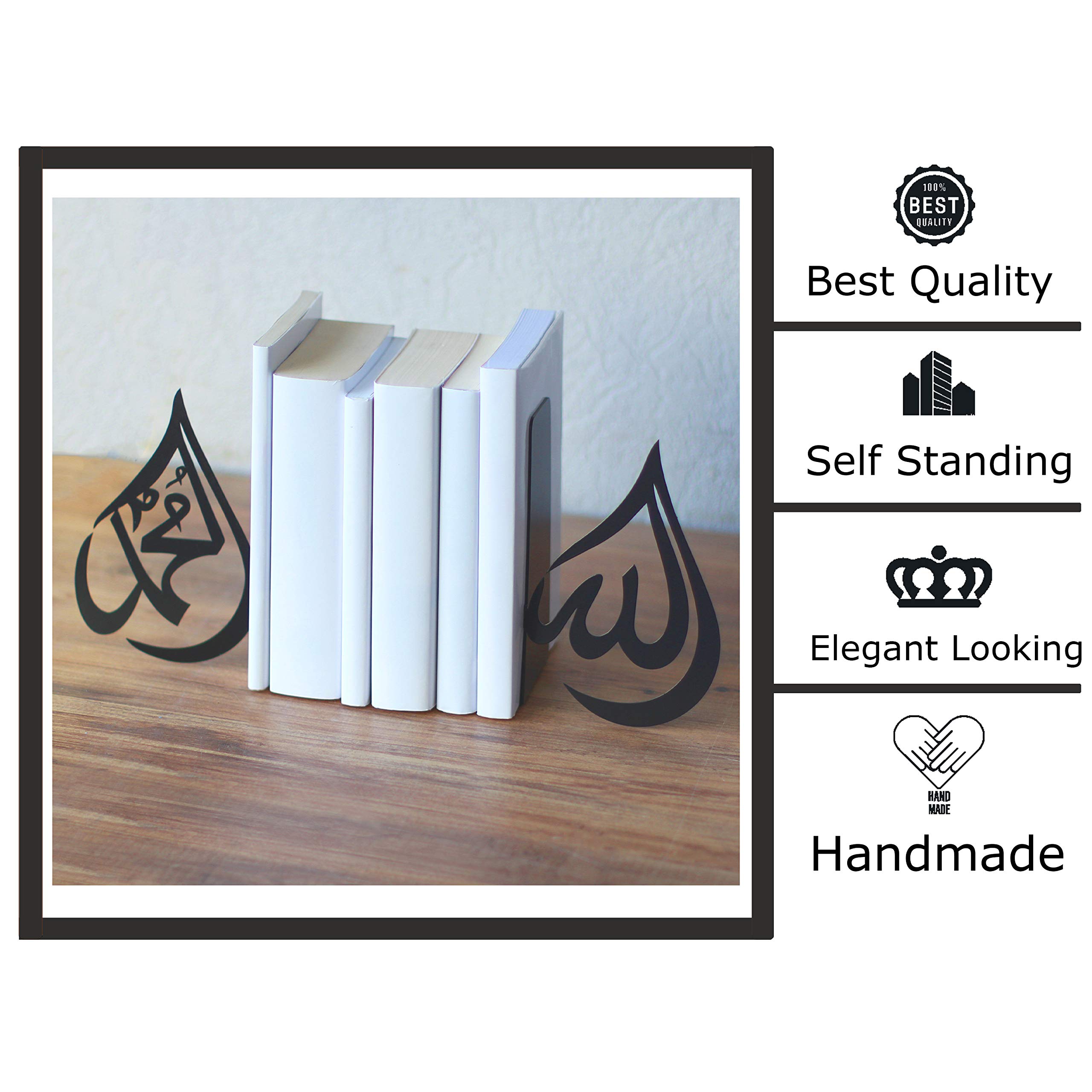 IWA Concept | Drop Design Allah (SWT) und Mohammad (PBUH) Metall-Buchstütze Heimdekoration oder islamische Dekoration für Tisch Regal Heimdekorationen Ramadan-Geschenke Eid Dekorationen (schwarz)