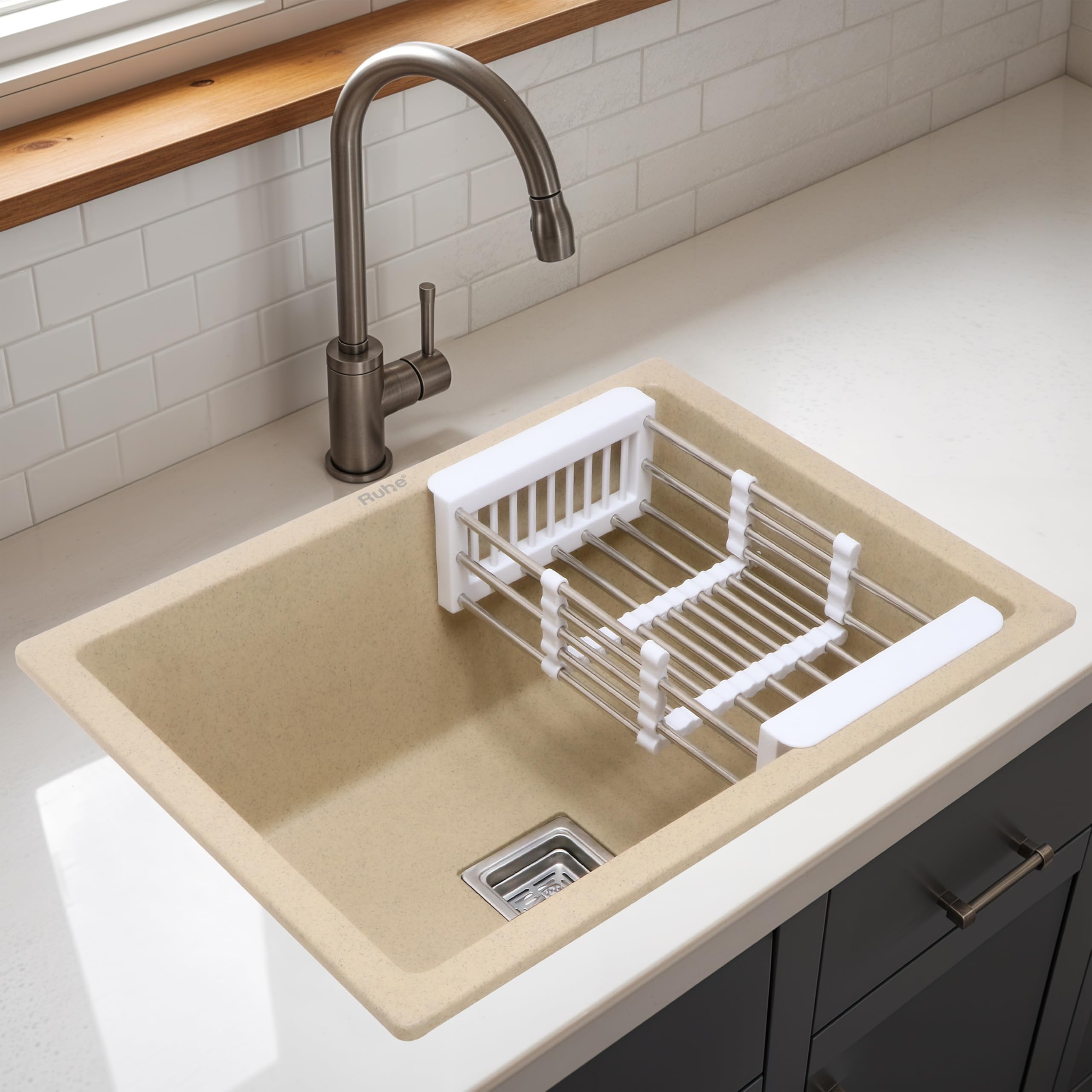 Ruhe® Sand Choco Quartz Single Bowl Kitchen Sink - 24x18x9 inches | Noise-Reducing, Durable & Scratch-Resistant Kitchen Sink | Include Coupling, Waste Pipe & Vegetable Washing Basket-image-43