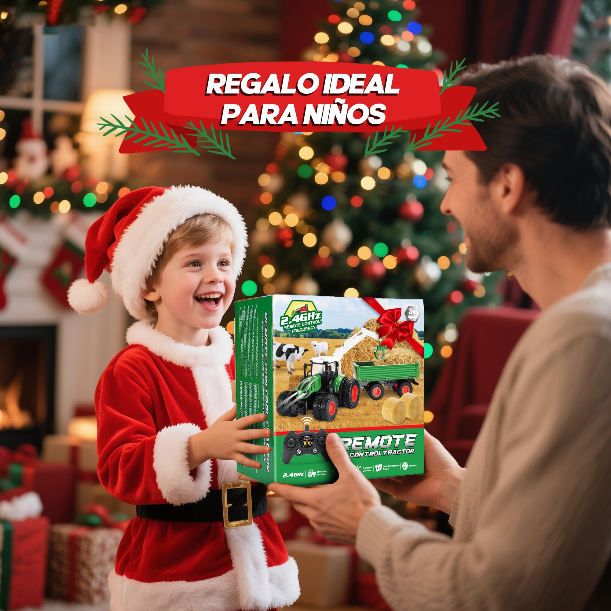HappyGoLucky Tractor Teledirigido para Niños, 2.4GHz, 1:16 Tractor Juguete con Luz, Camion Teledirigido Regalo Niño 4-12 Años, Coches para Niños Juguetes Niños 3-9 Años, Regalo Navidad Niño Halloween