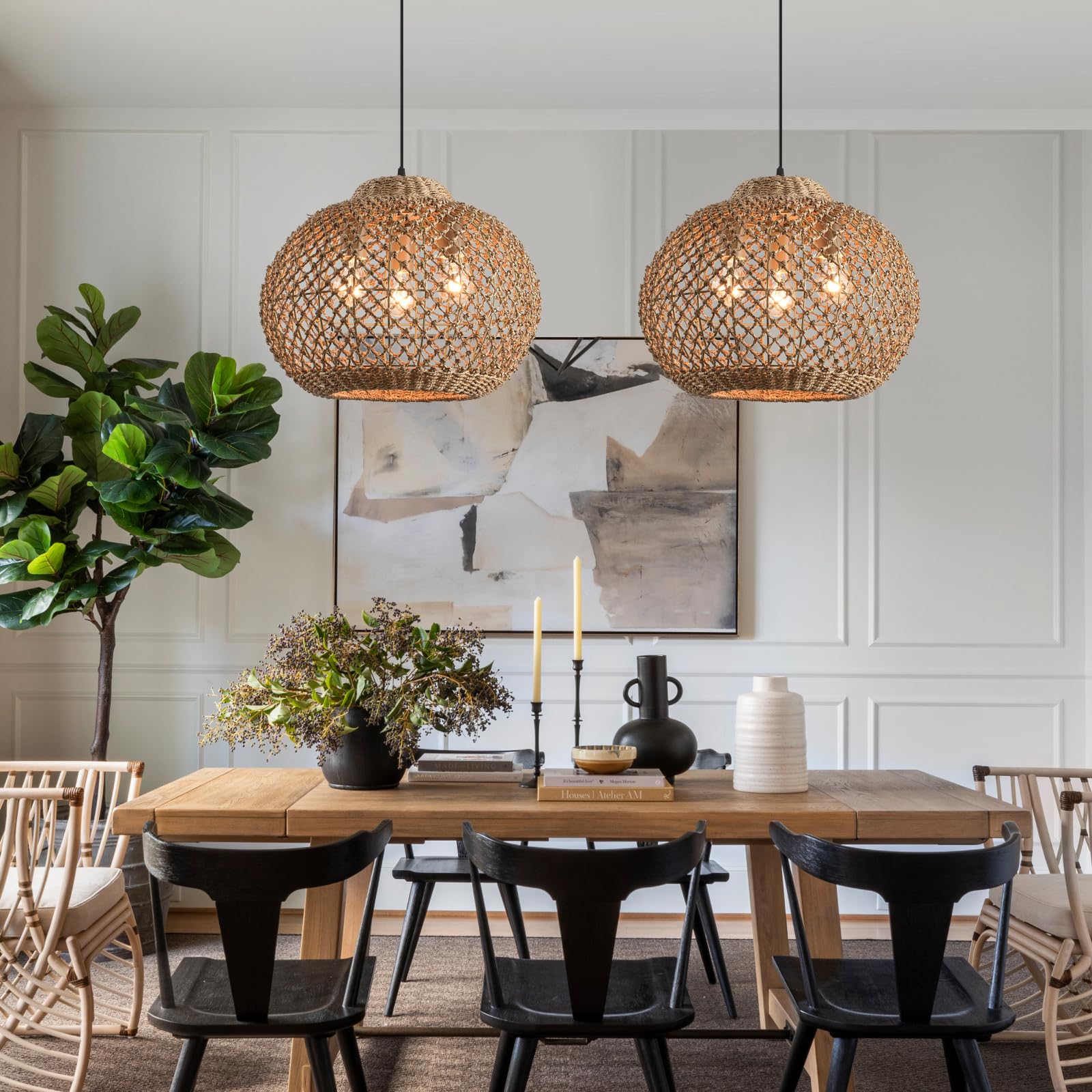 17" Rattan Pendant Light 3-Light Hand Woven Wicker Seagrass Hanging Light Boho Water Plants Rattan Chandelier for Dining Living Bedroom Kitchen Farmhouse