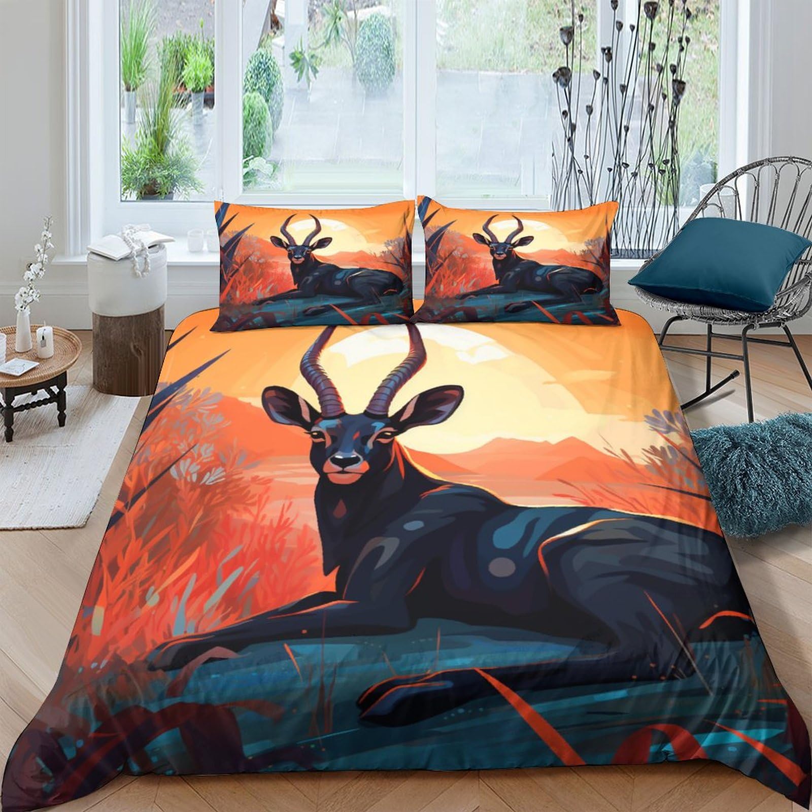 Housse de couette cerf 200x200 parure de lit 3 pièces imprimé crépuscule