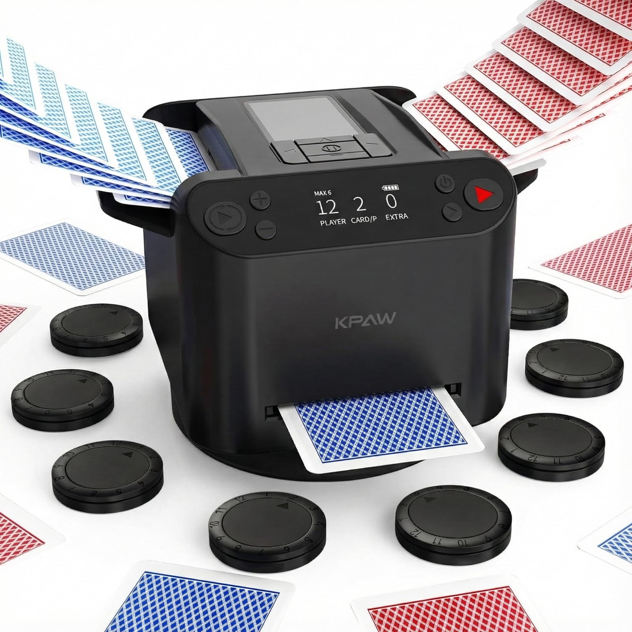 KPAW 2-in-1 Automatic Card Shuffler & Dealer + 8 Drawing Remotes - Support 12 Players, Fit for Poker, UNO, Rummy & Other Card Games (Black)