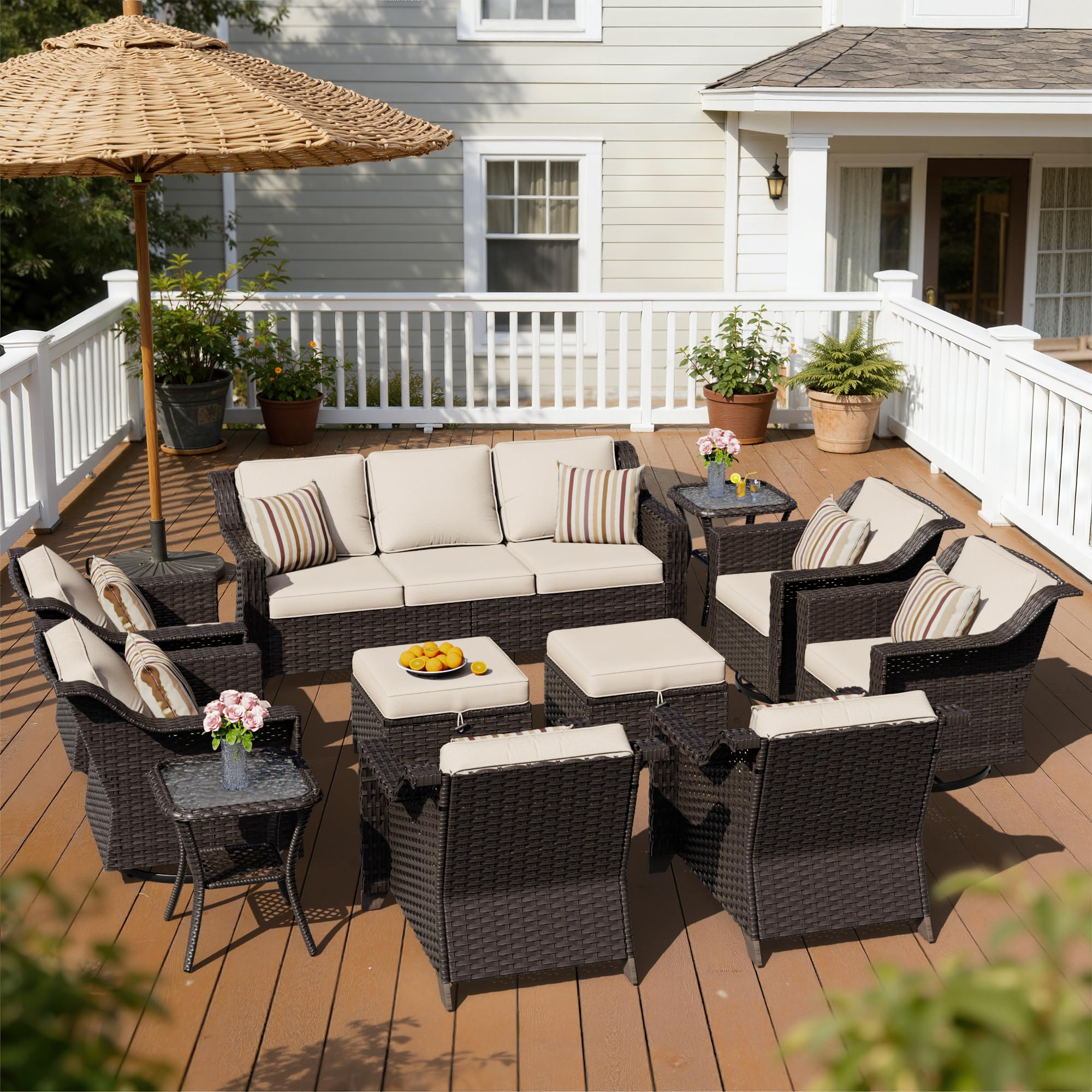 11 Pieces Patio Conversation Furniture Set - 1 Sofa, 2 Ottoman, 2 Armchairs, 4 Swivel Chairs, 2 Side Tables, Outdoor Wicker Furniture with Removable Cushions for Porch, Sunroom (Beige)