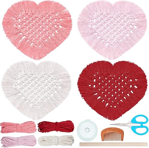 WEBEEDY Kit de macramé, juego de posavasos de macramé con forma de corazón, 4 piezas de macramé bohemio para bebidas absorbentes