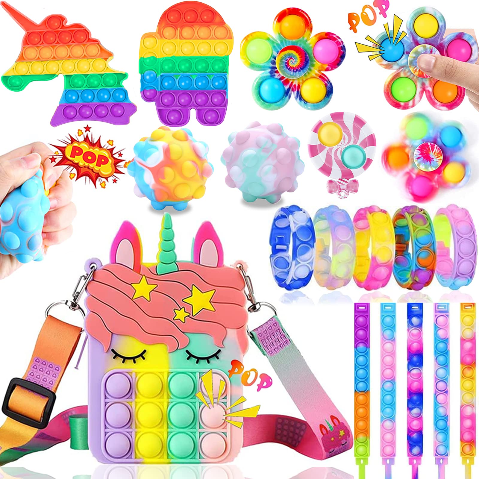 Pop It Fidget Toys for Girls, Push Bubble Sensory Set with Unicorn Shoulder Bag, Bracelet Wristband and Simple Pop Its Dimple for Girls, School Supplies Game for Autism to Stress Relief (Rainbow)