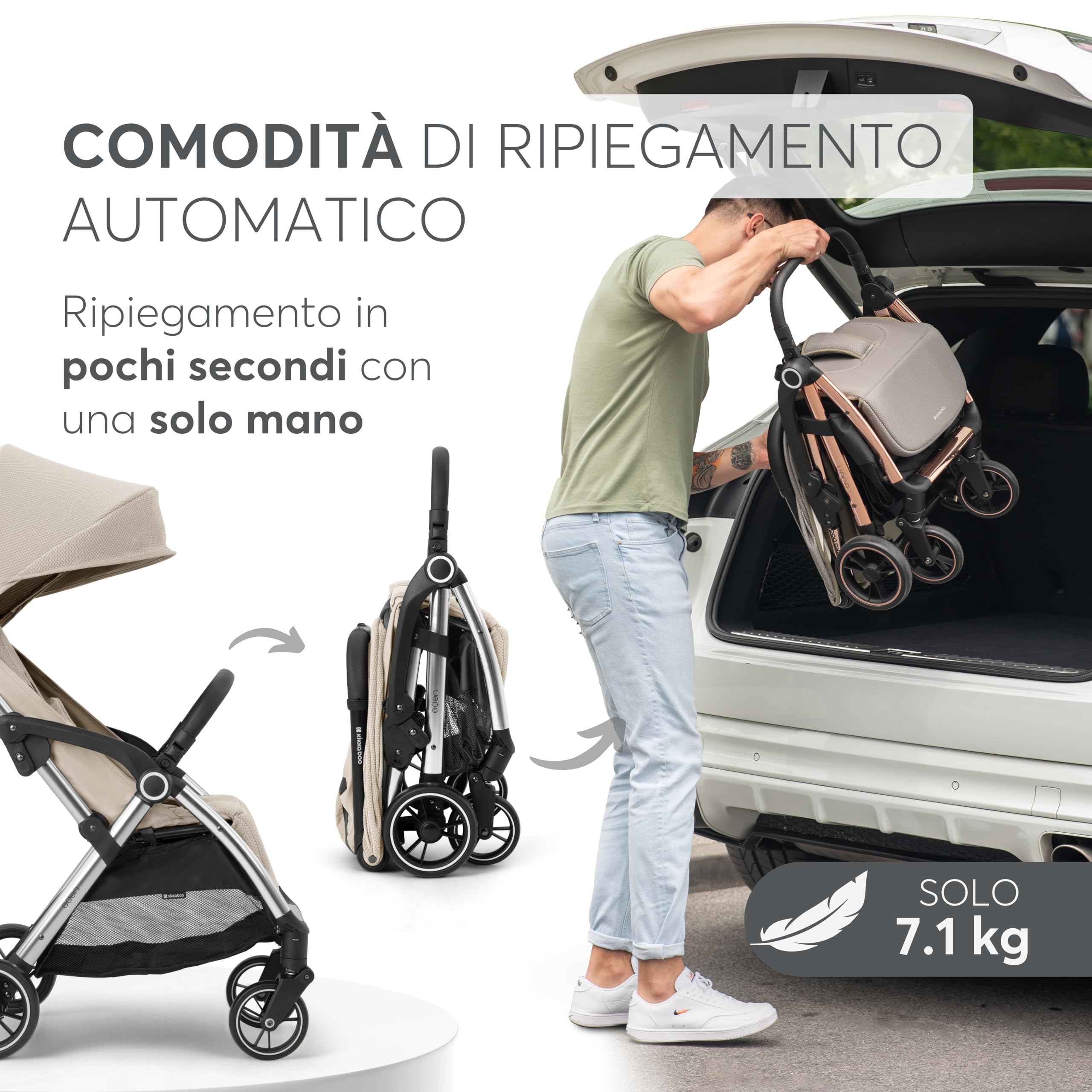 Passeggino KikkaBoo EDEN, Passeggino fino a 22 kg, Ripiegamento automatico, Posizione reclinabile, Ultraleggero, Compatto, Beige