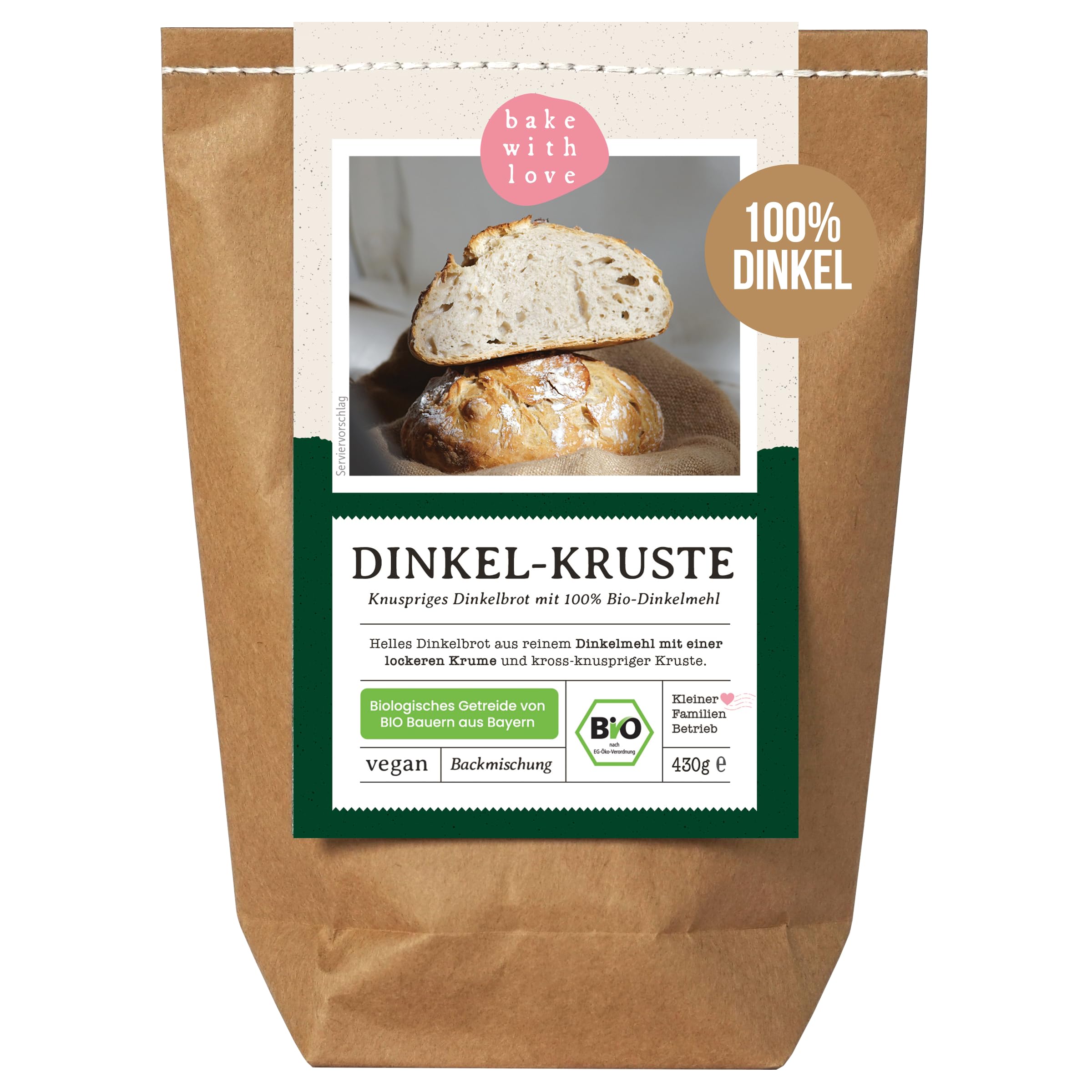 Bake with Love Bio Dinkel Brotbackmischung Dinkel-Kruste - 100% Dinkelmehl ohne Weizen - Brot backen mit Sauerteig - ohne Zusatzstoffe - für Brotbackautomat & Ofen - 1er Pack
