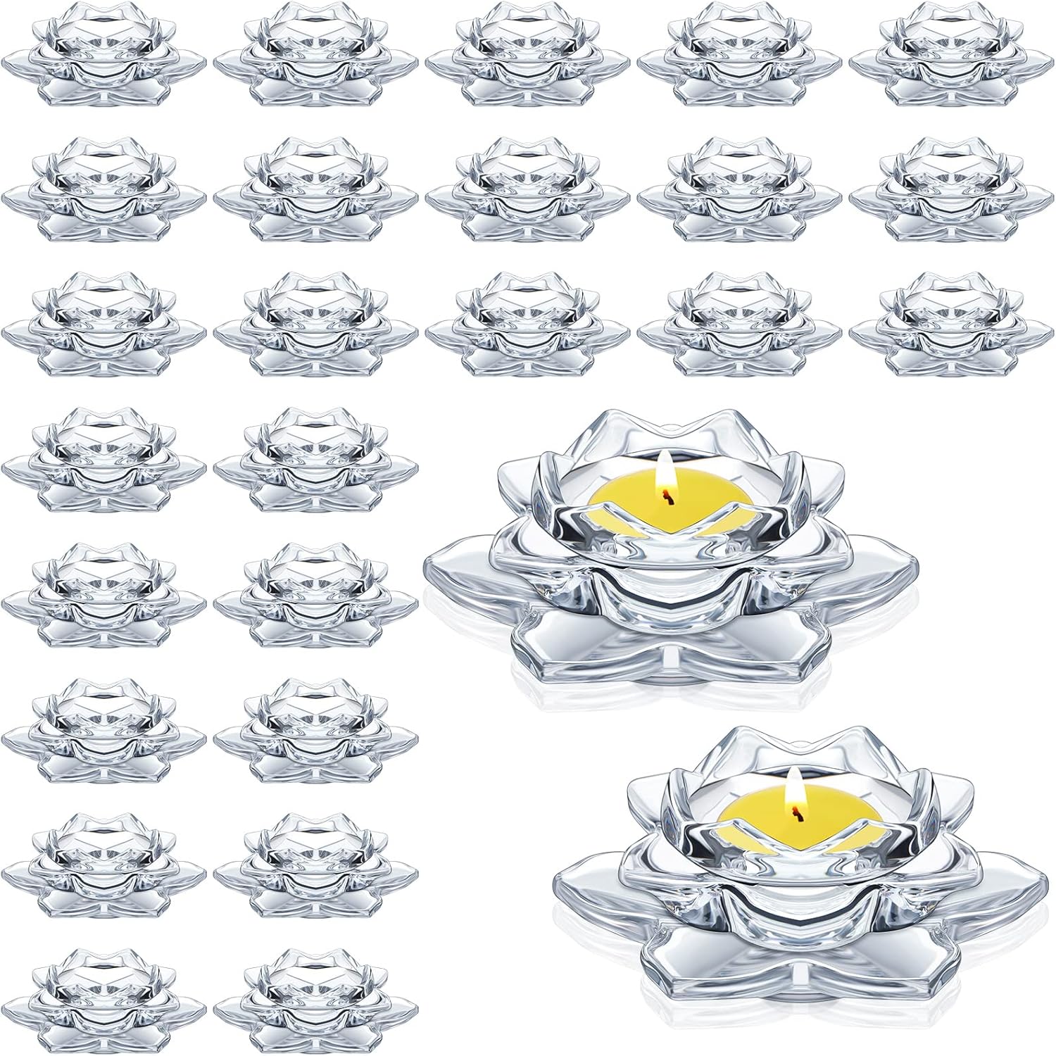 meekoo 24 Pcs Crystal Glass Lotus Candle Holders Lotus Crystal Tealight Candle Holders for Home Decor Wedding Party