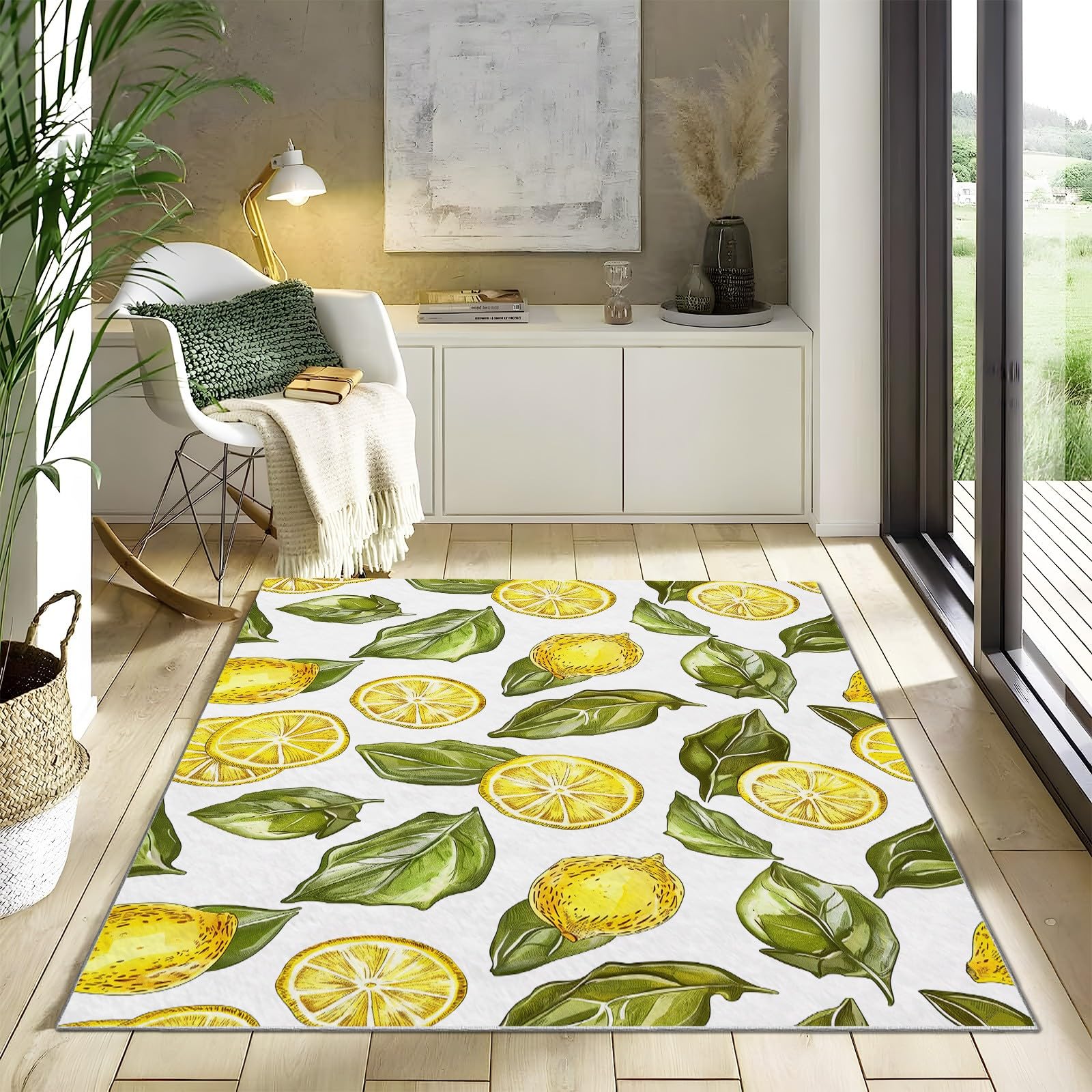 Generisch Teppich Wohnzimmer 120 x 170 cm Weiß Handgezeichneter Stil Zitronen Blätter 3D Fußmatte Jugendzimmer Esszimmer und Schlafzimmer Teppich Kurzflor Bodenmatte Extra Weich Pflegeleicht